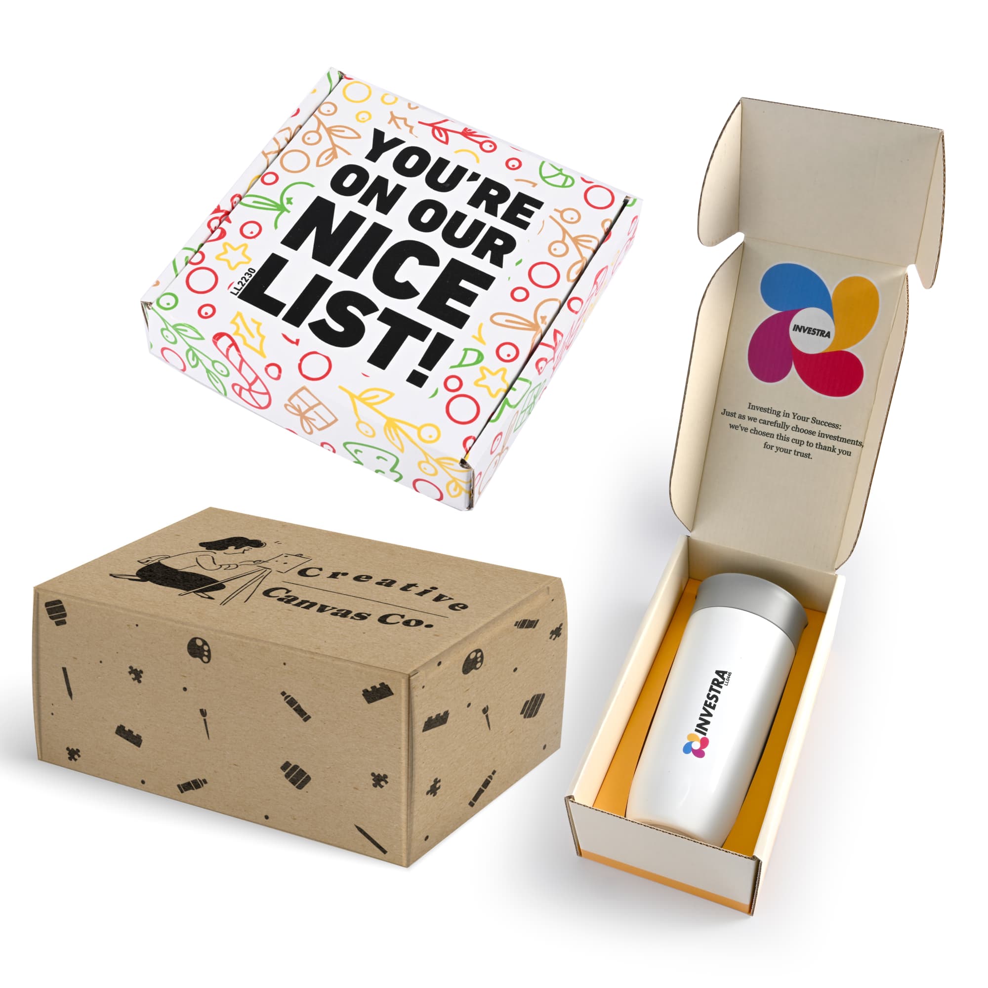 A colorful custom box with playful designs and a cardboard box containing a white drink bottle with a logo.