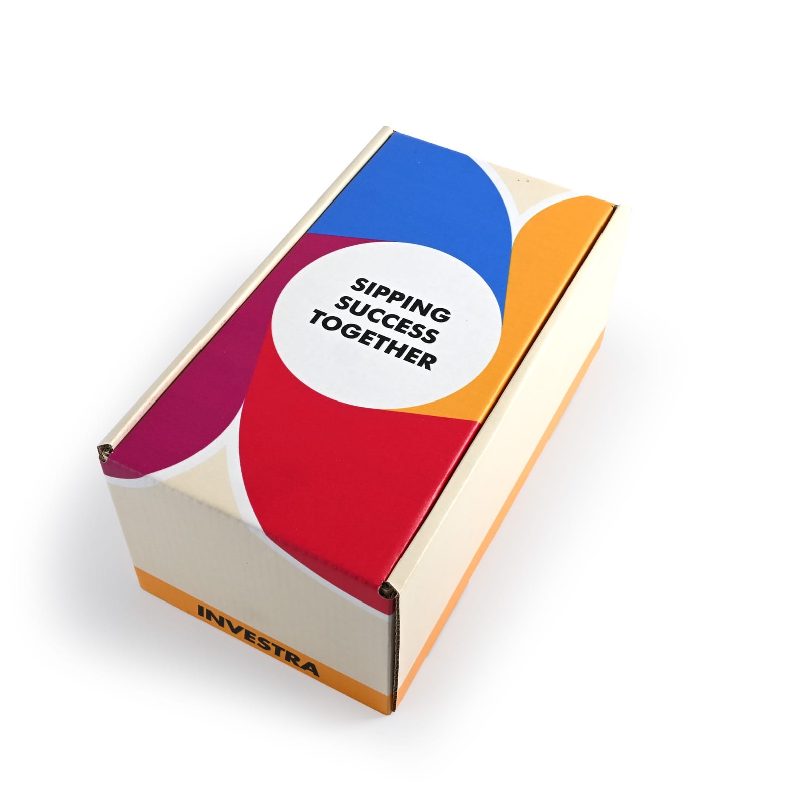 A custom packaging box in cream, featuring colorful graphic designs and a prominent logo.