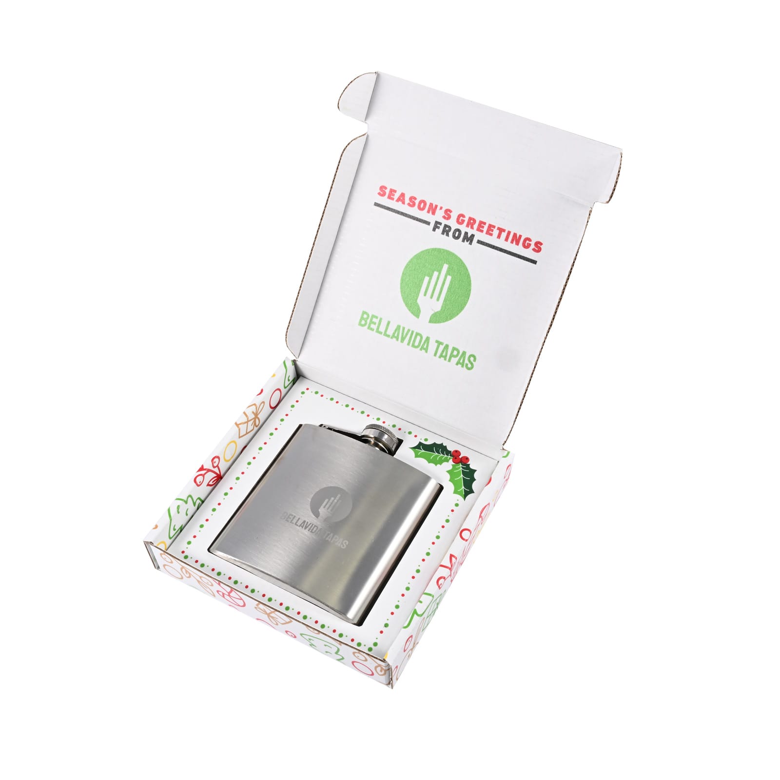 A stainless steel flask in a decorative box featuring festive colors and a branded logo.
