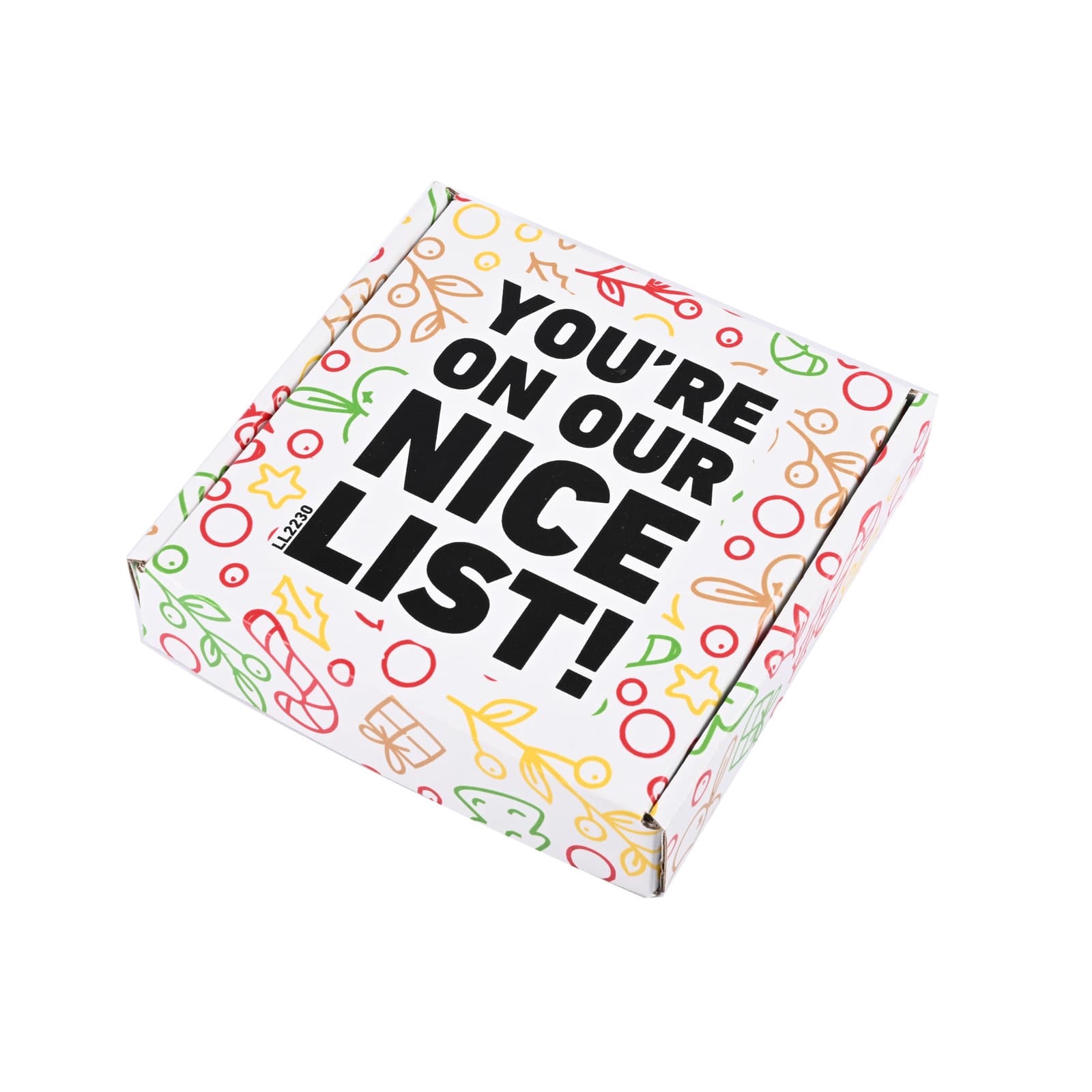 A custom box featuring festive graphics and the text 