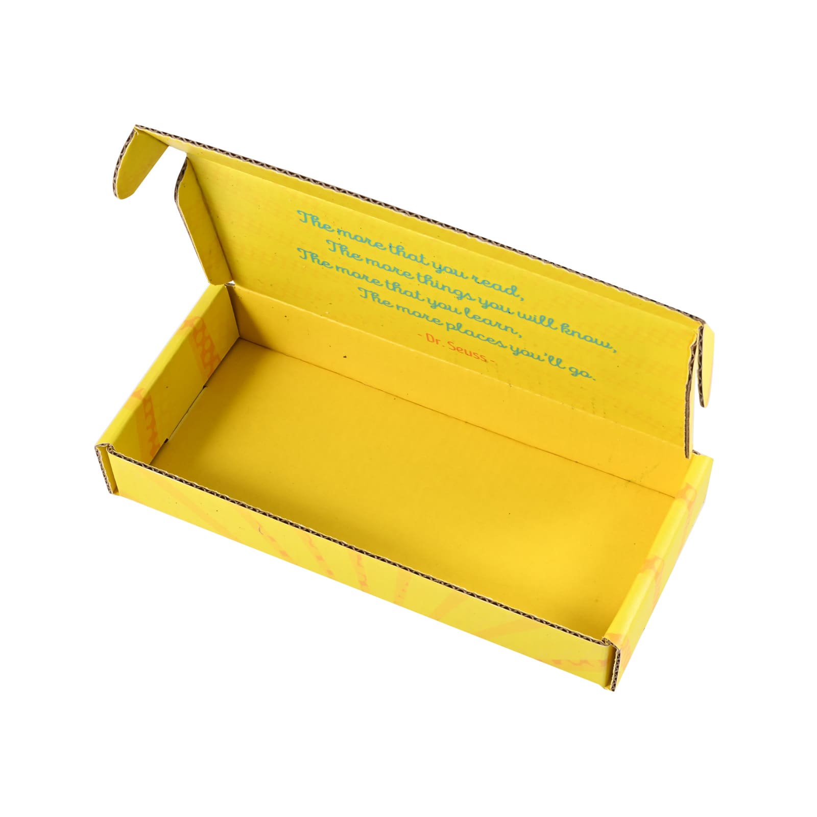 A custom yellow box with an open lid and interior text, designed for packaging purposes.