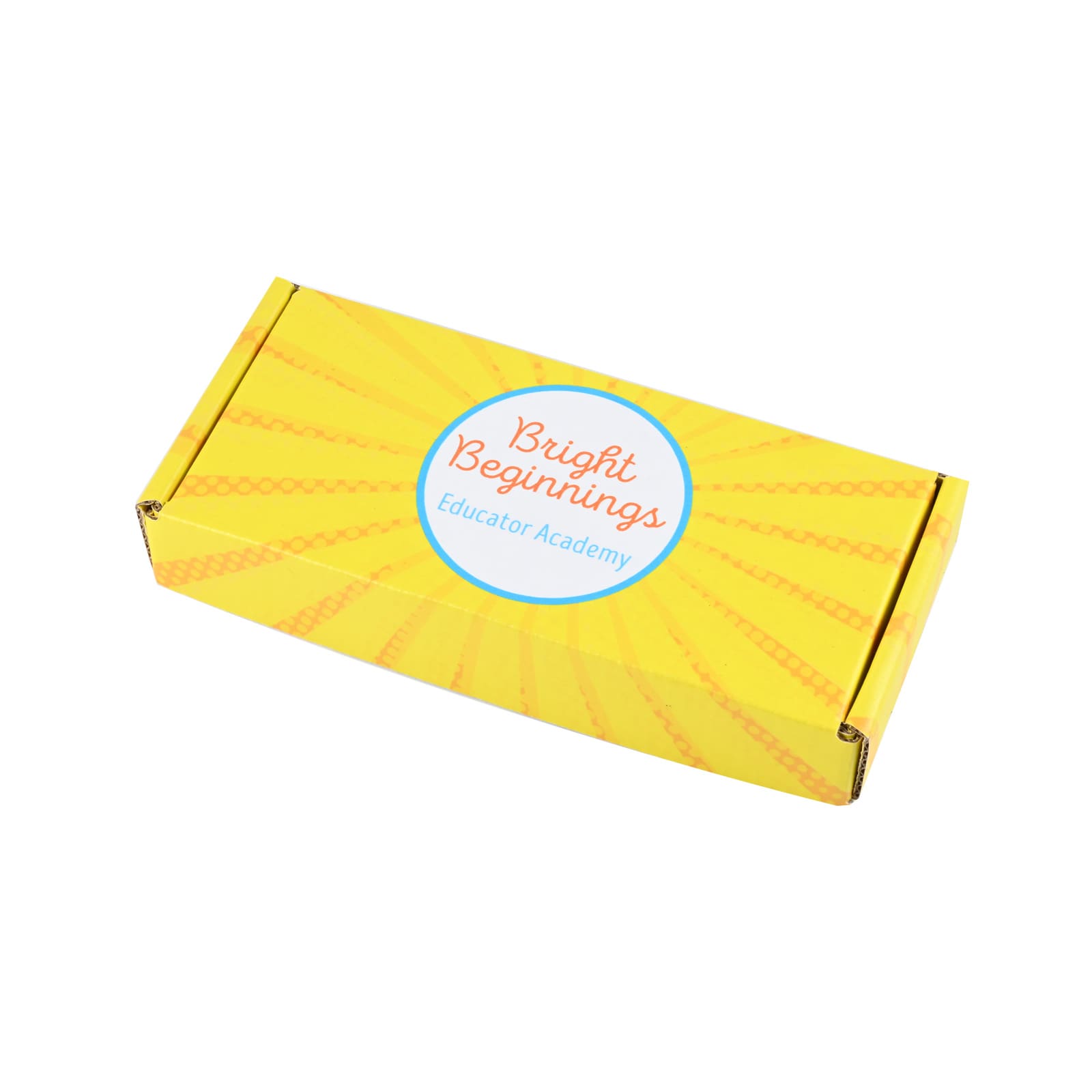 A custom printed box featuring a bright yellow design with the text 