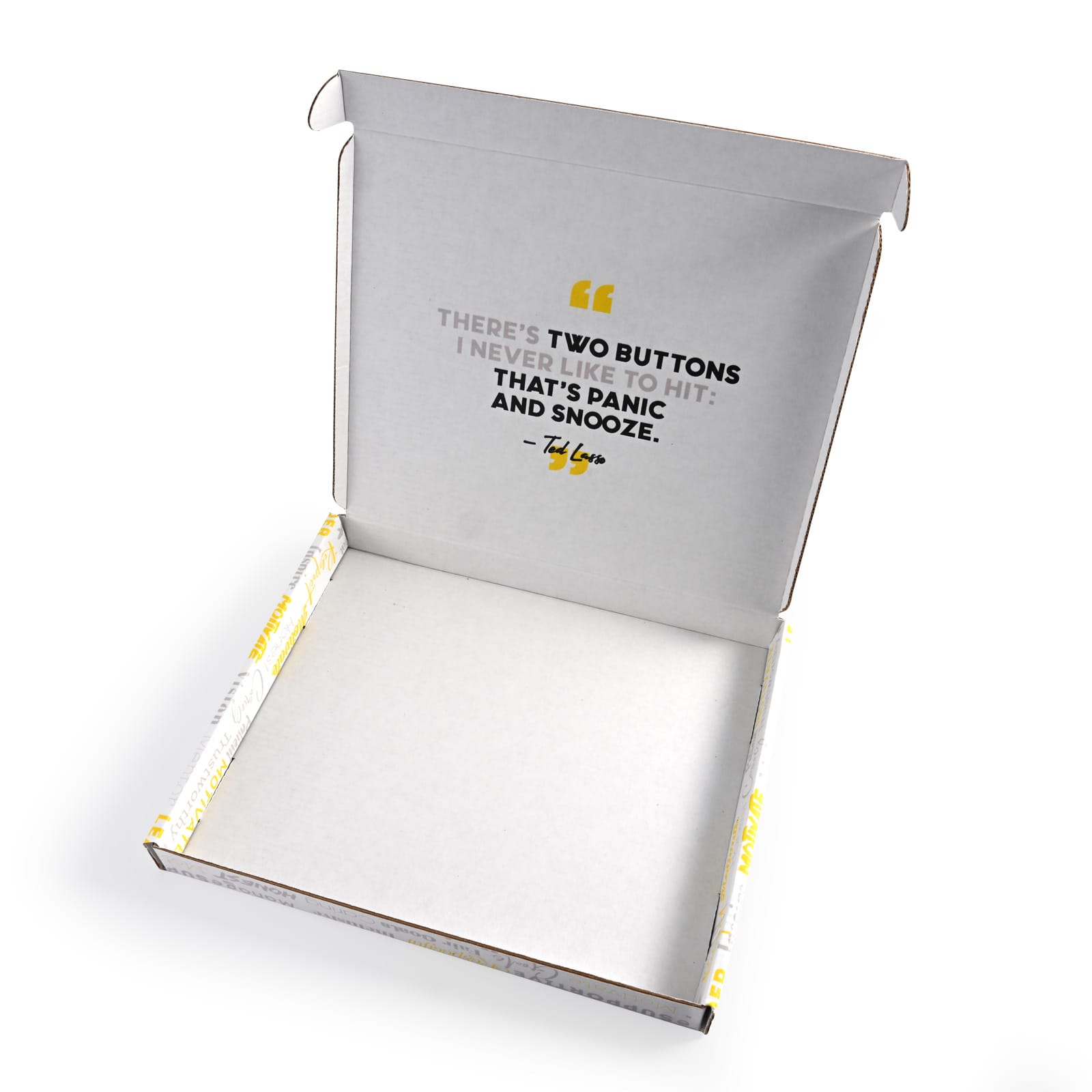 An empty custom box with a white interior and a printed quote on the inside lid, featuring a subtle yellow design.