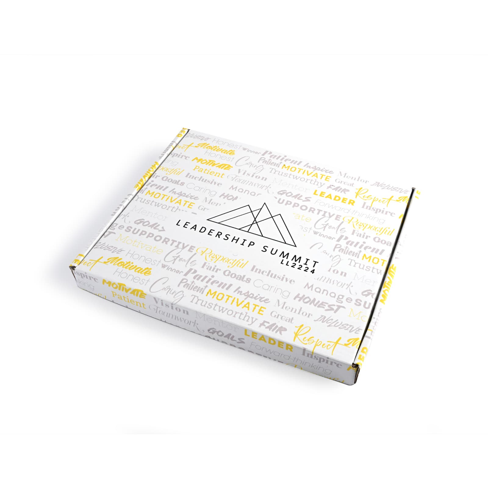 A custom box in white with yellow and gray designs, featuring a logo and various motivational phrases.