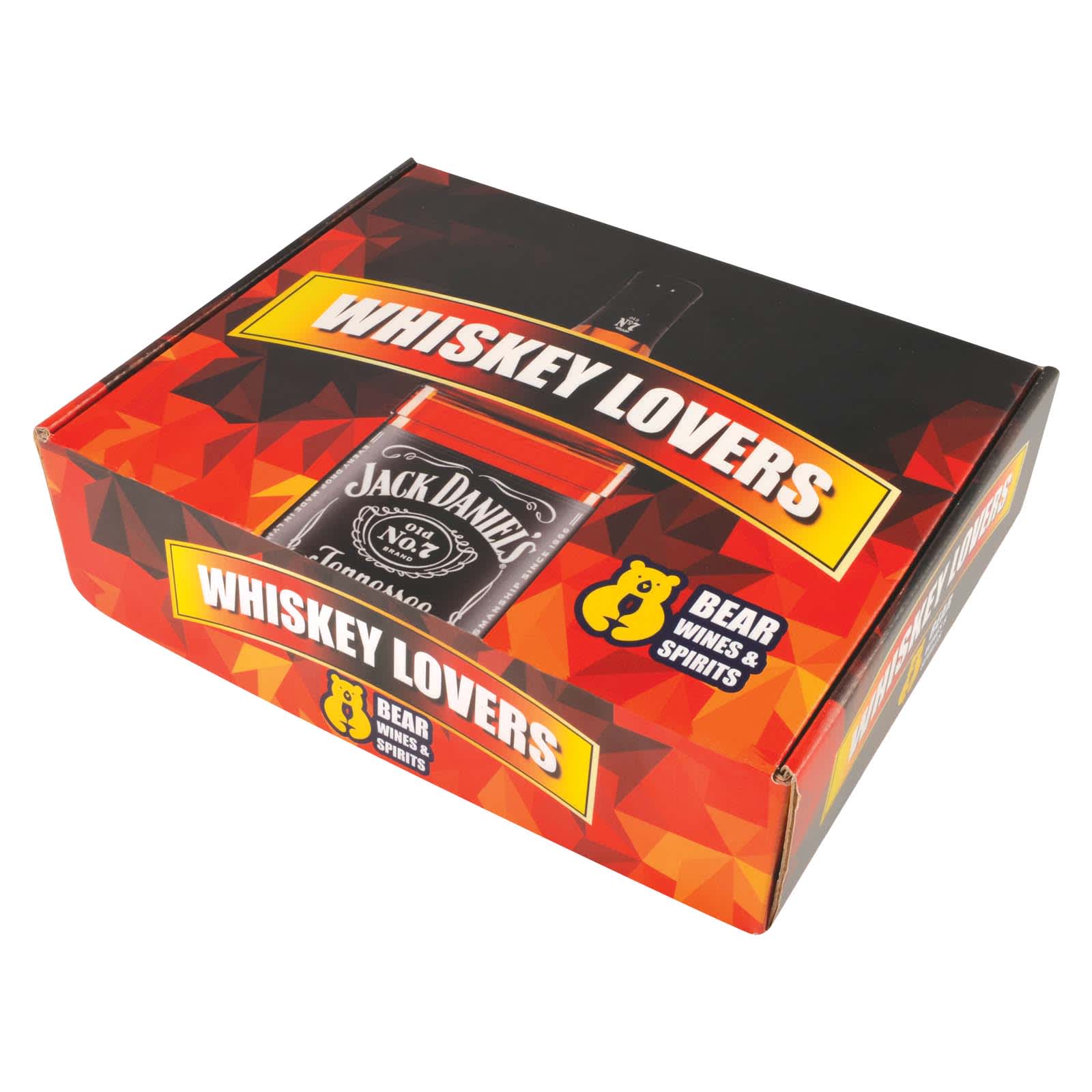 A custom box featuring a geometric design in red and black, containing whiskey-themed items and a logo.