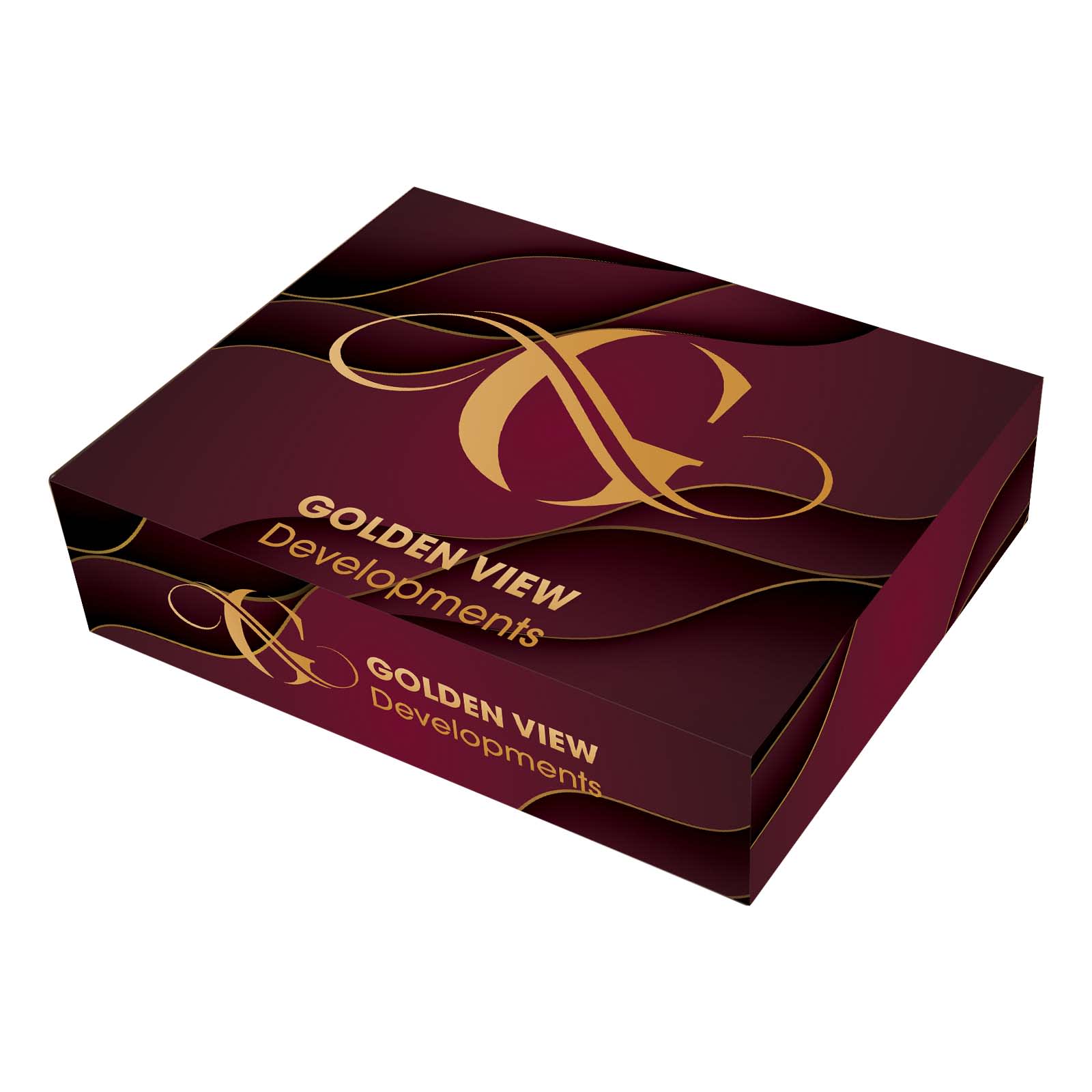 A custom box featuring a burgundy design with a gold logo and elegant swirls.