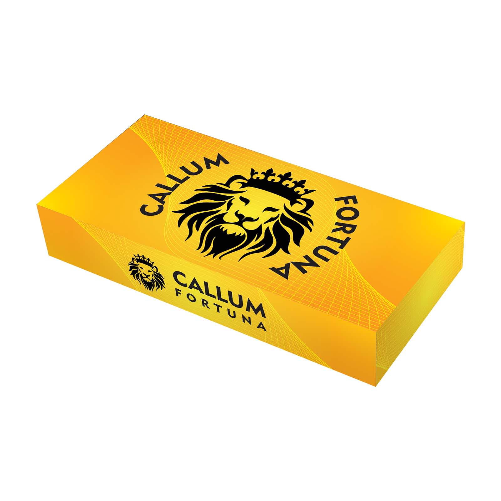 A custom box featuring a vibrant yellow design with the brand name 