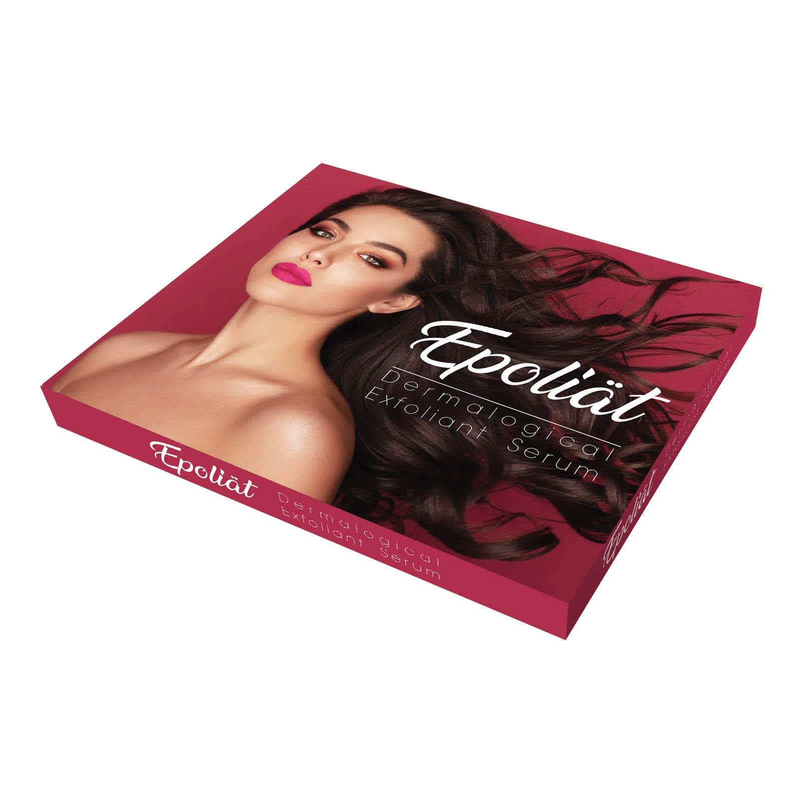 A promotional box featuring a beauty product with a striking red design and an image of a woman with glossy hair.