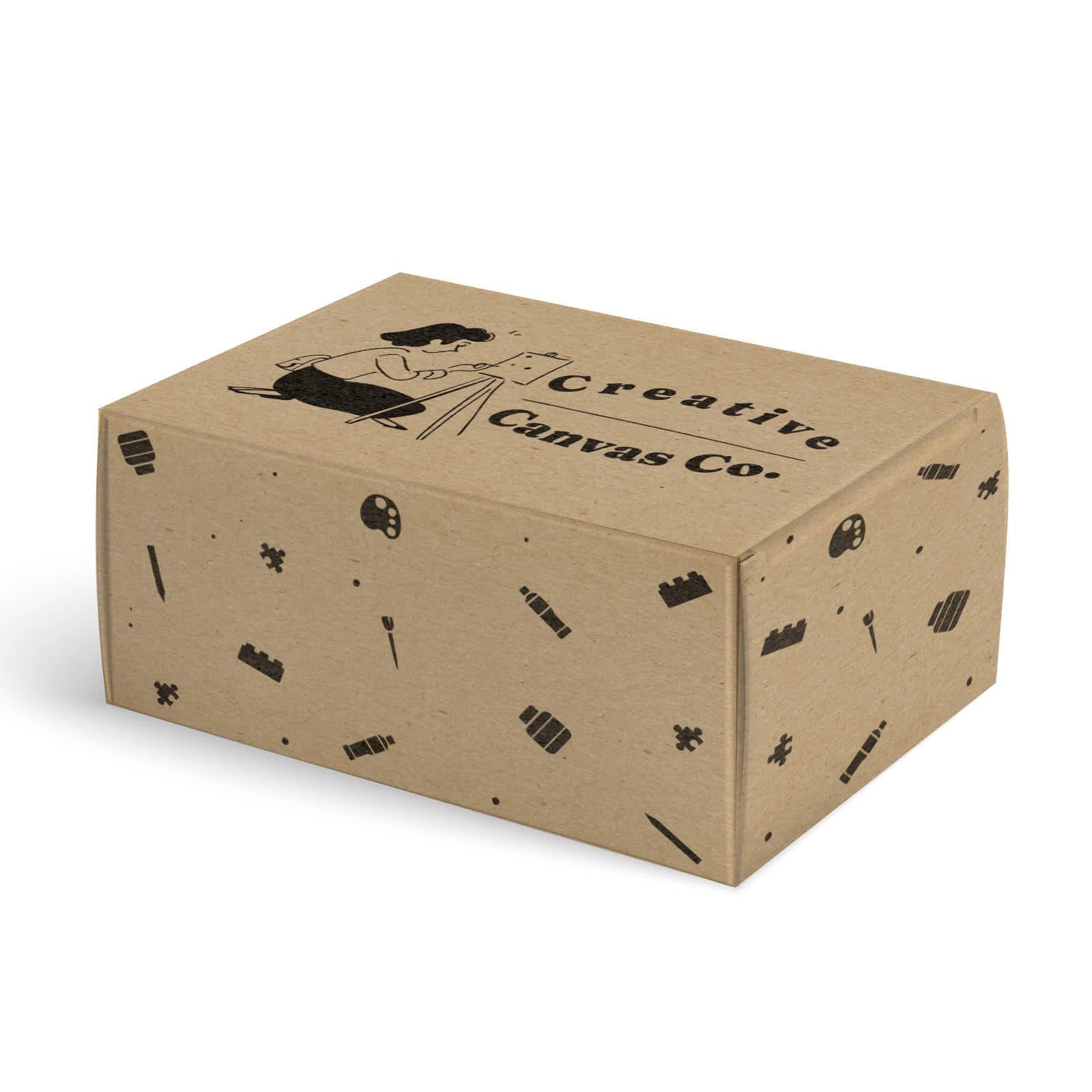 A brown cardboard box featuring black illustrations and a logo, designed for packaging.