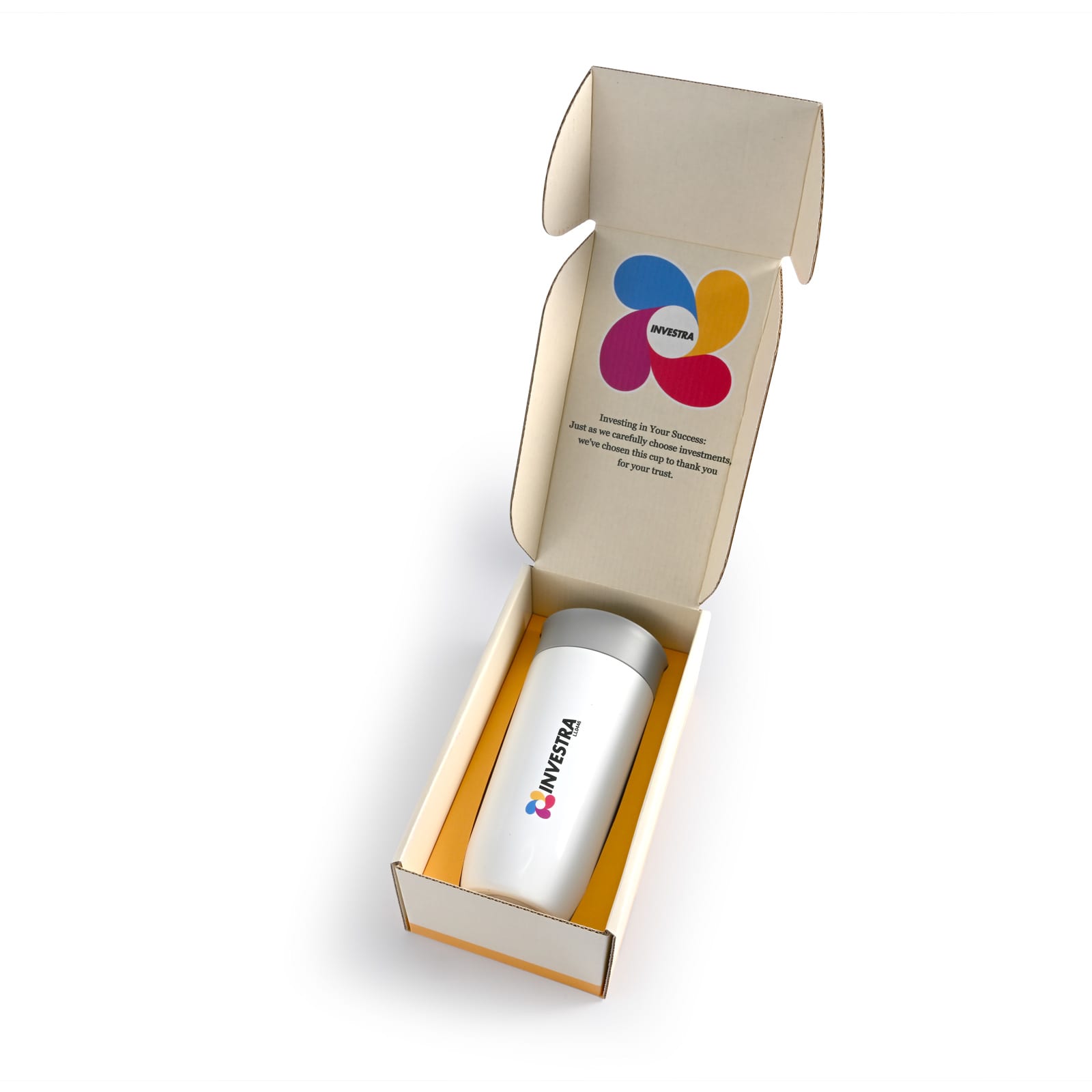 A custom box in cream and yellow, containing a white drink bottle with a colorful logo and an open lid.