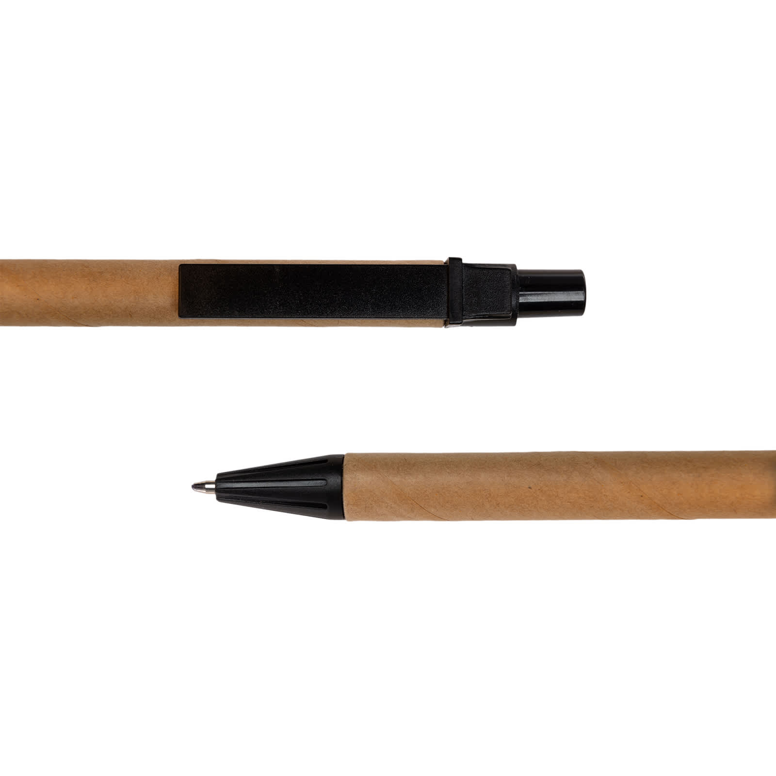A cardboard pen with a black cap and tip, featuring a natural brown color.