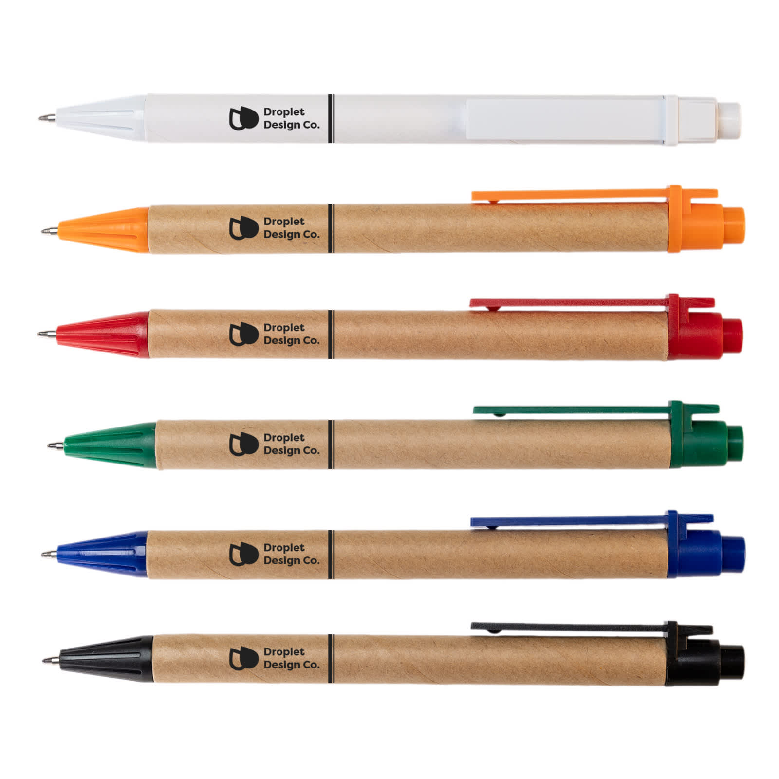 A collection of six pens in various colors: white, orange, red, green, blue, and black, with a cardboard design and logo.
