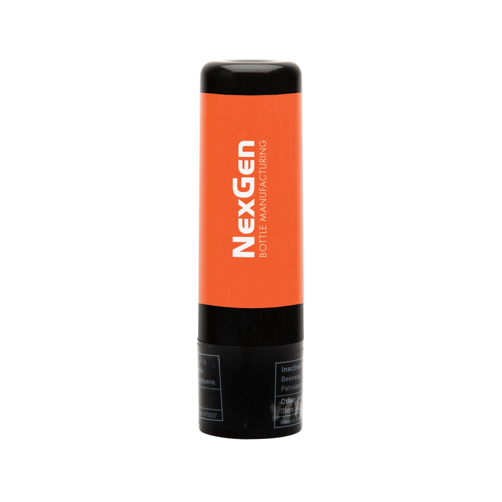 A lip balm stick with a black and orange tube, featuring the label 