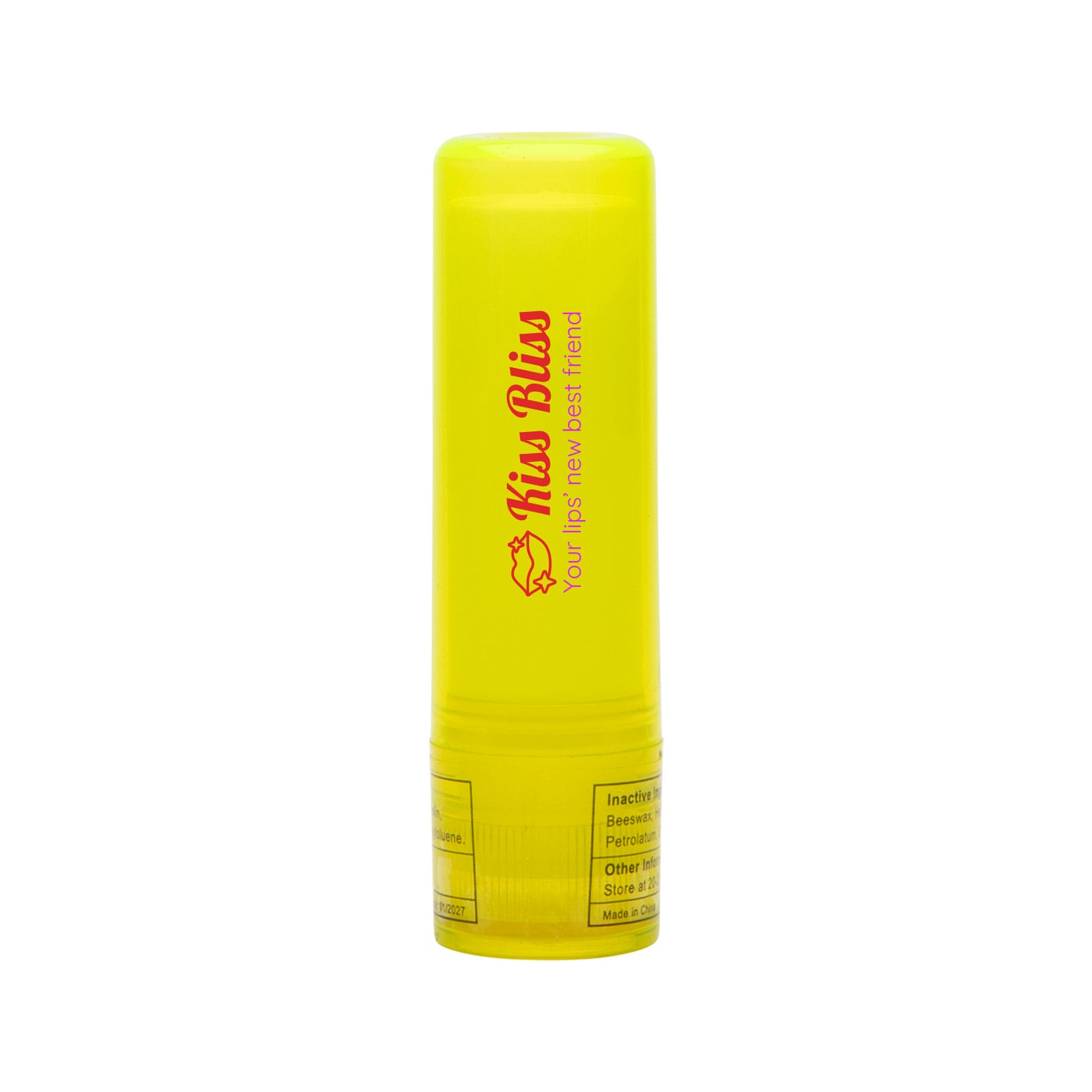A lip balm stick in a bright yellow container labeled 
