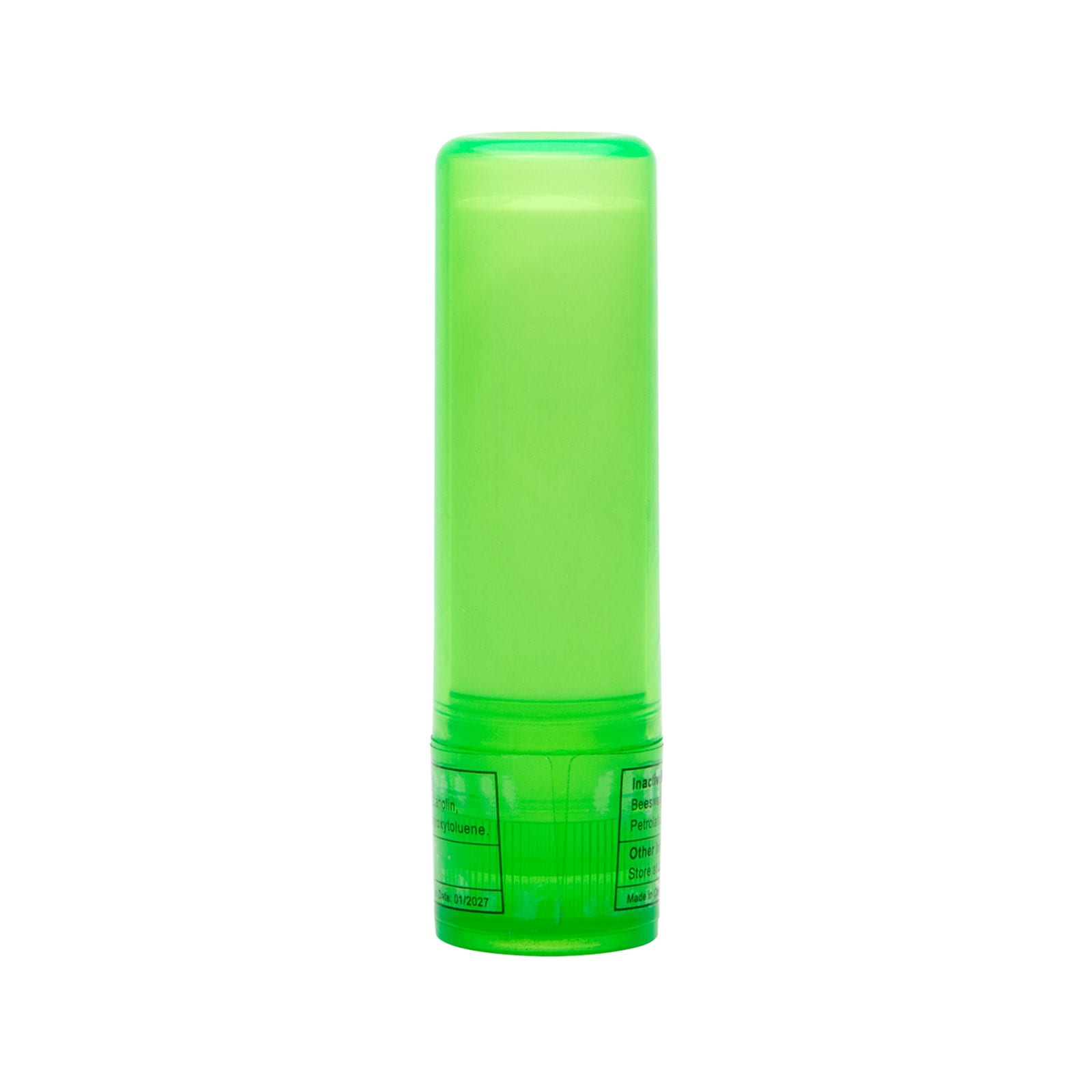 A green lip balm stick with a clear body and a twist-up mechanism. The label includes ingredient information.