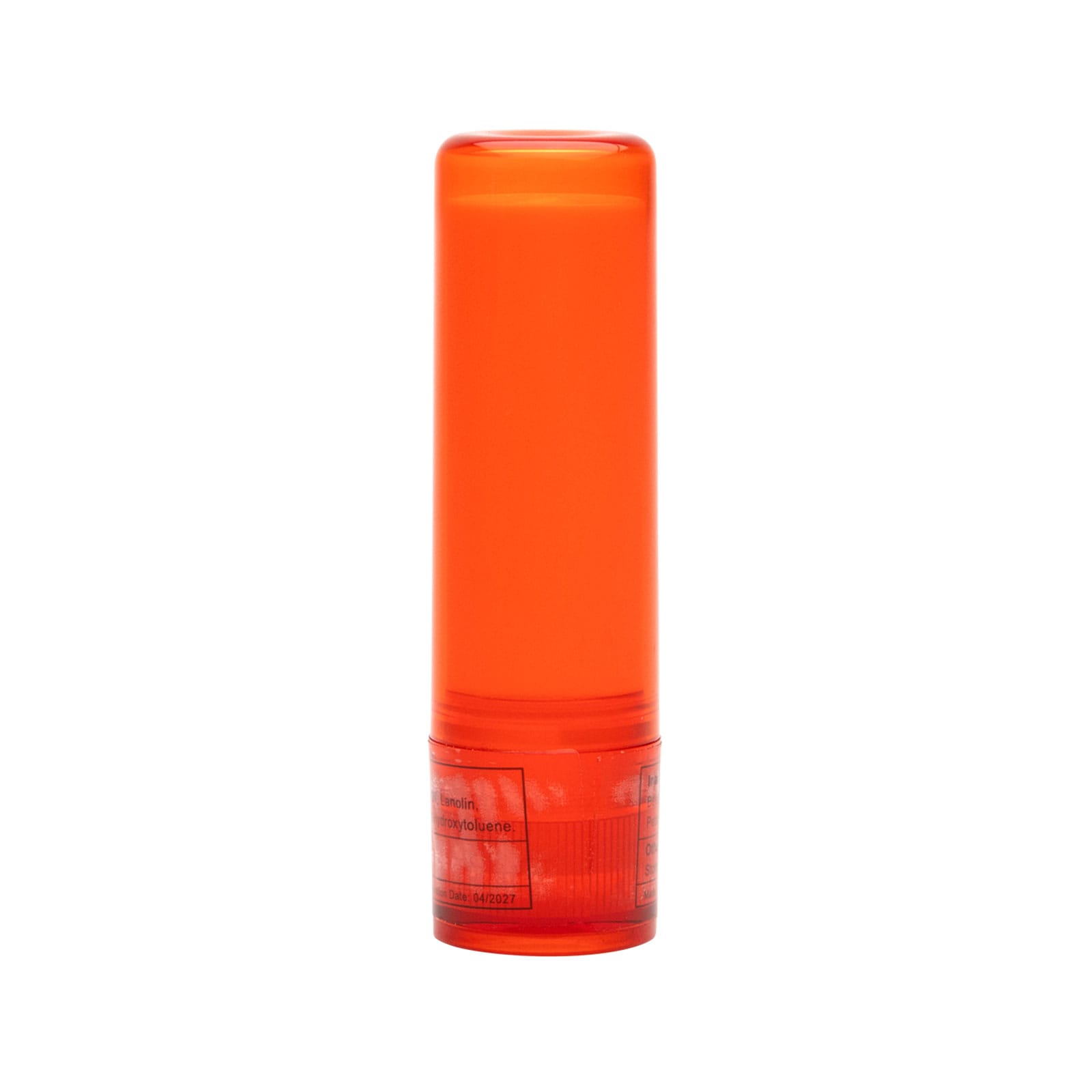 A lip balm stick in a bright orange tube, designed for health and personal care.