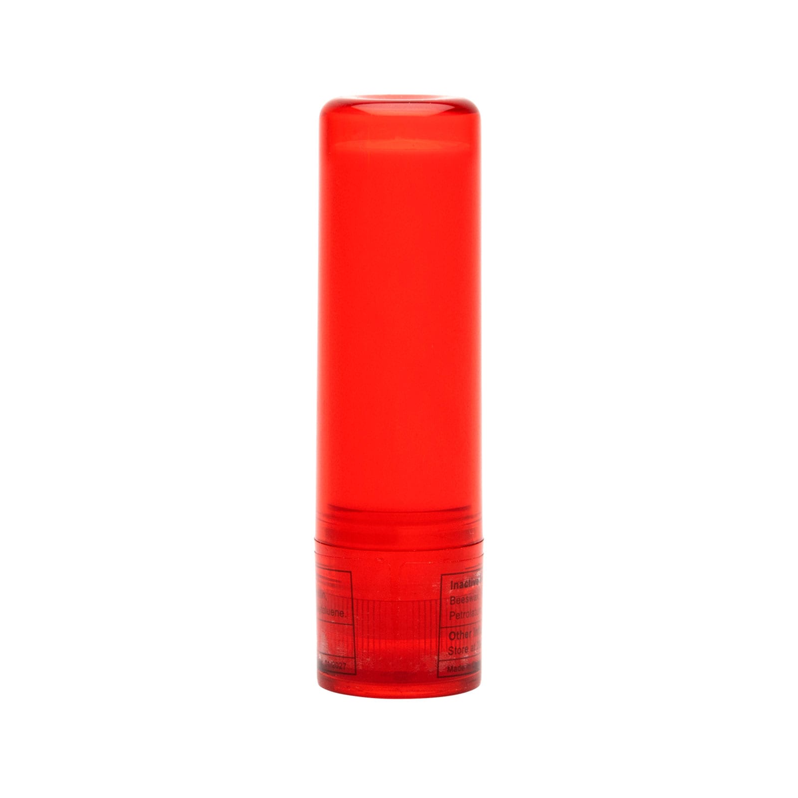 A lip balm stick in a sleek red container. The design features a twist-up mechanism for easy application.