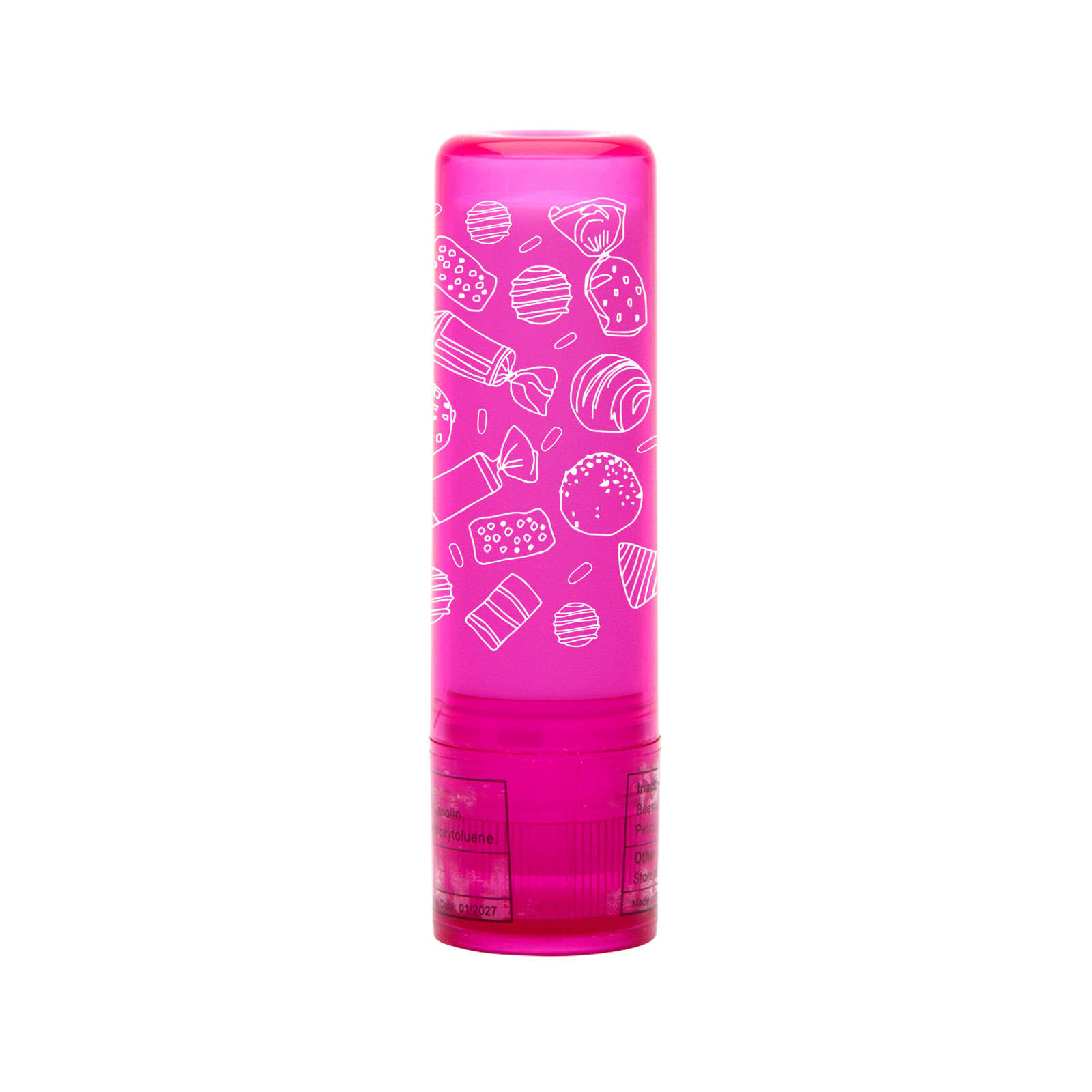 A lip balm stick in a vibrant pink tube featuring white illustrations of various candies and desserts.