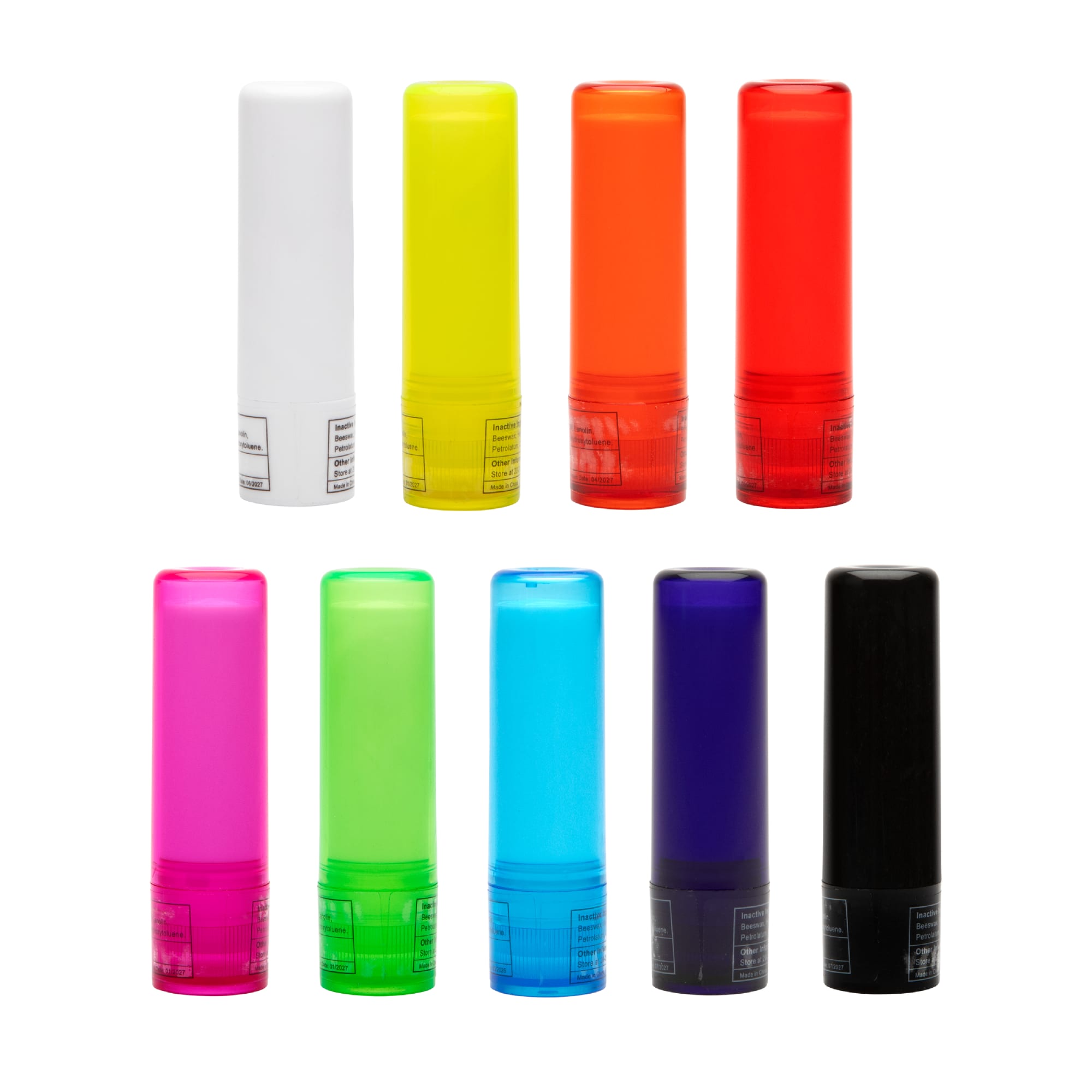 A collection of ten lip balm sticks in various colors: white, yellow, orange, red, pink, green, blue, purple, and black.