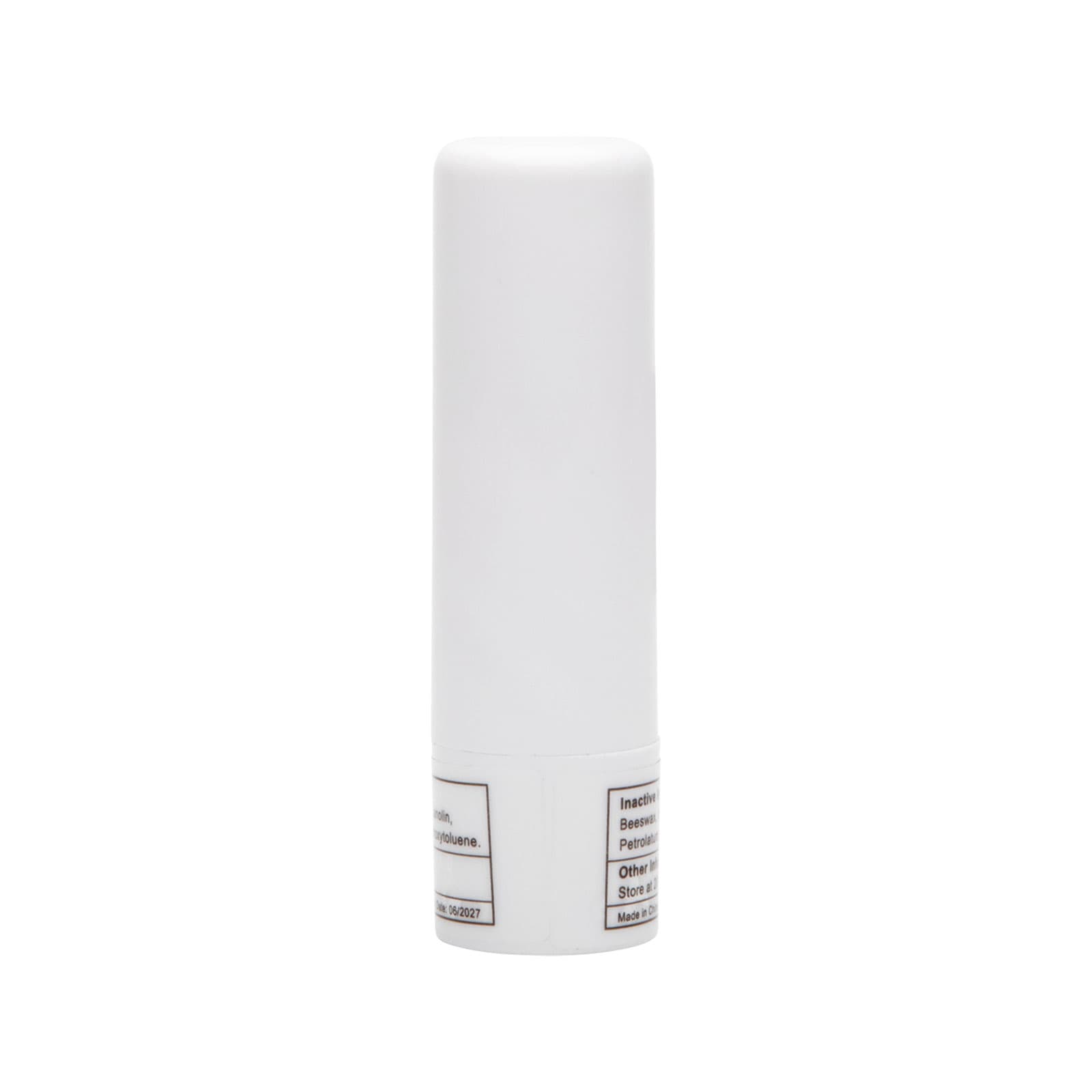 A lip balm stick with a plain white cap and a labeled base indicating ingredients and usage instructions.