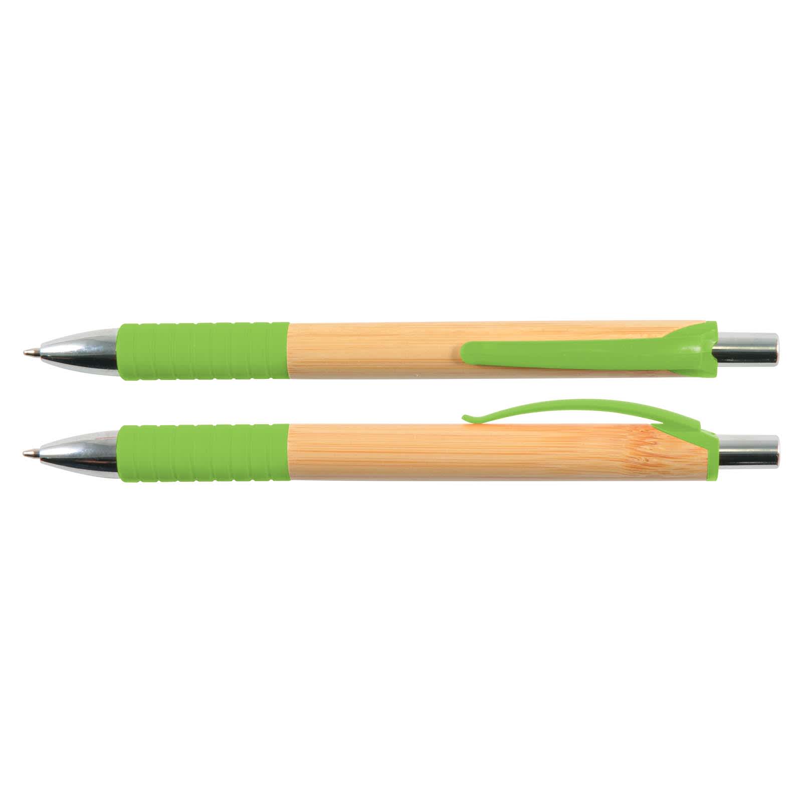 Two bamboo pens featuring green grips and clips, with silver tips for writing.