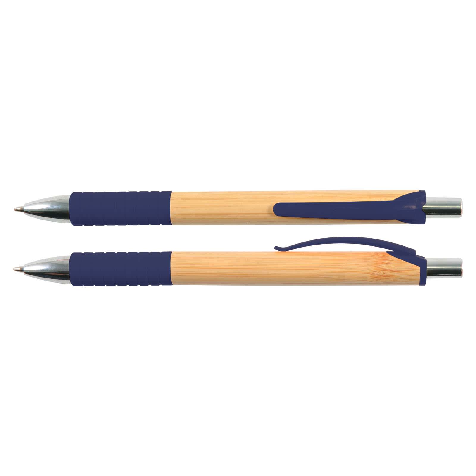 A bamboo pen in natural wood color with navy blue accents and grips, featuring a silver clip and tip.