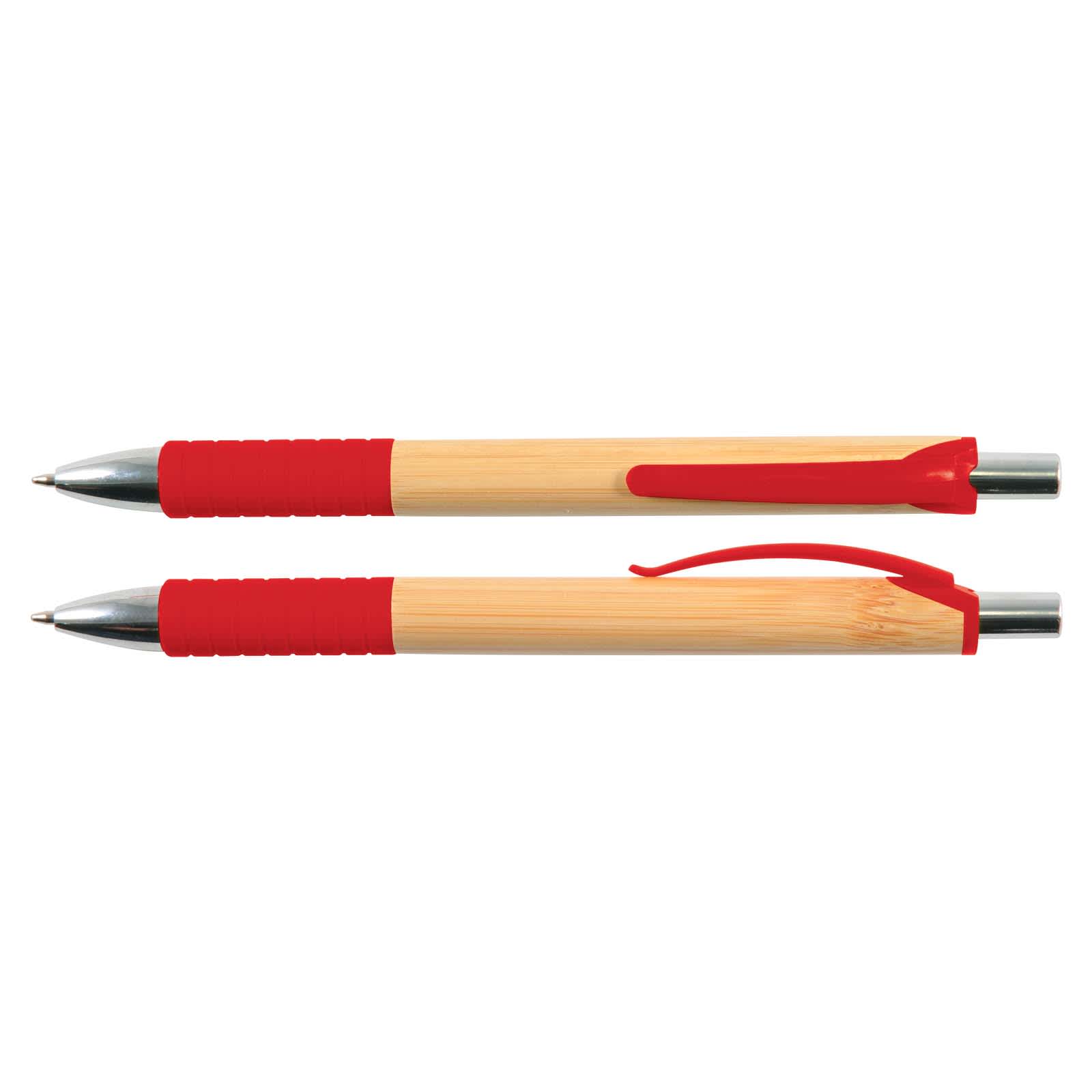 A red and bamboo pen with a smooth finish and a textured grip, featuring a clip and silver accents.