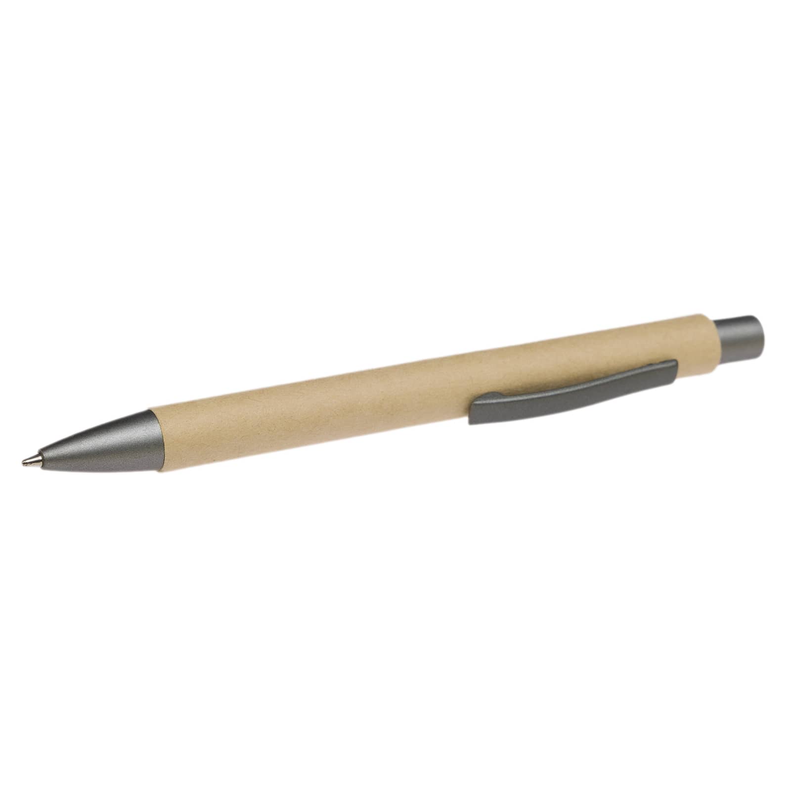 A pen with a natural wood finish and a gray clip and tip. The Aspen Paper Pen is designed for writing.
