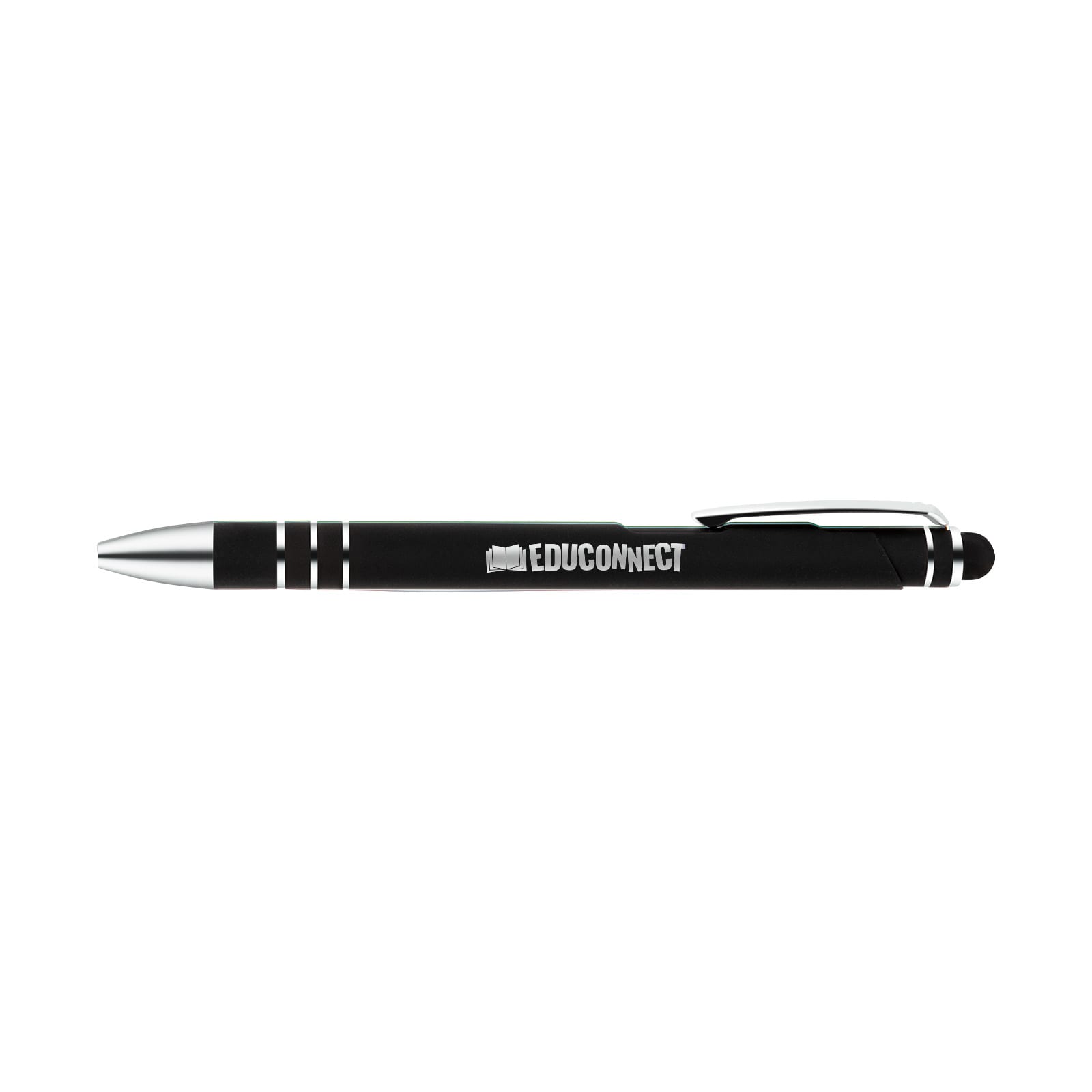 A black stylus pen with a silver tip and clip, featuring the logo 