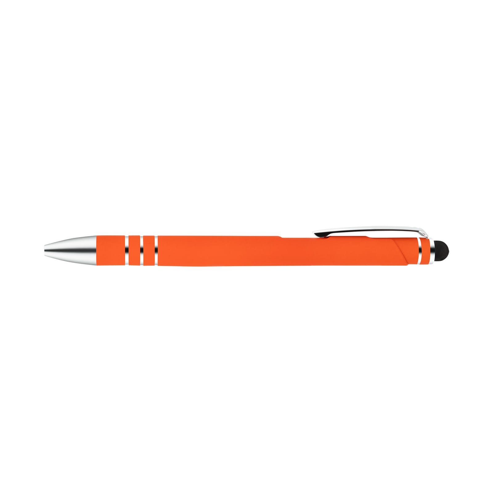 An orange stylus pen with silver accents and a soft tip for touchscreen use. It features a simple, sleek design.