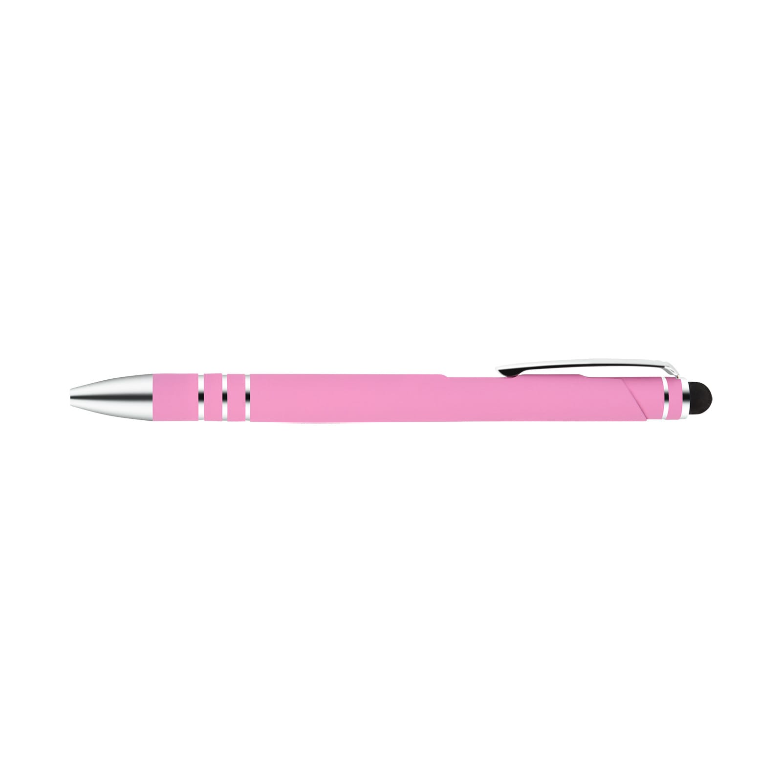 A pink stylus pen with silver accents, designed for writing and touchscreen use.