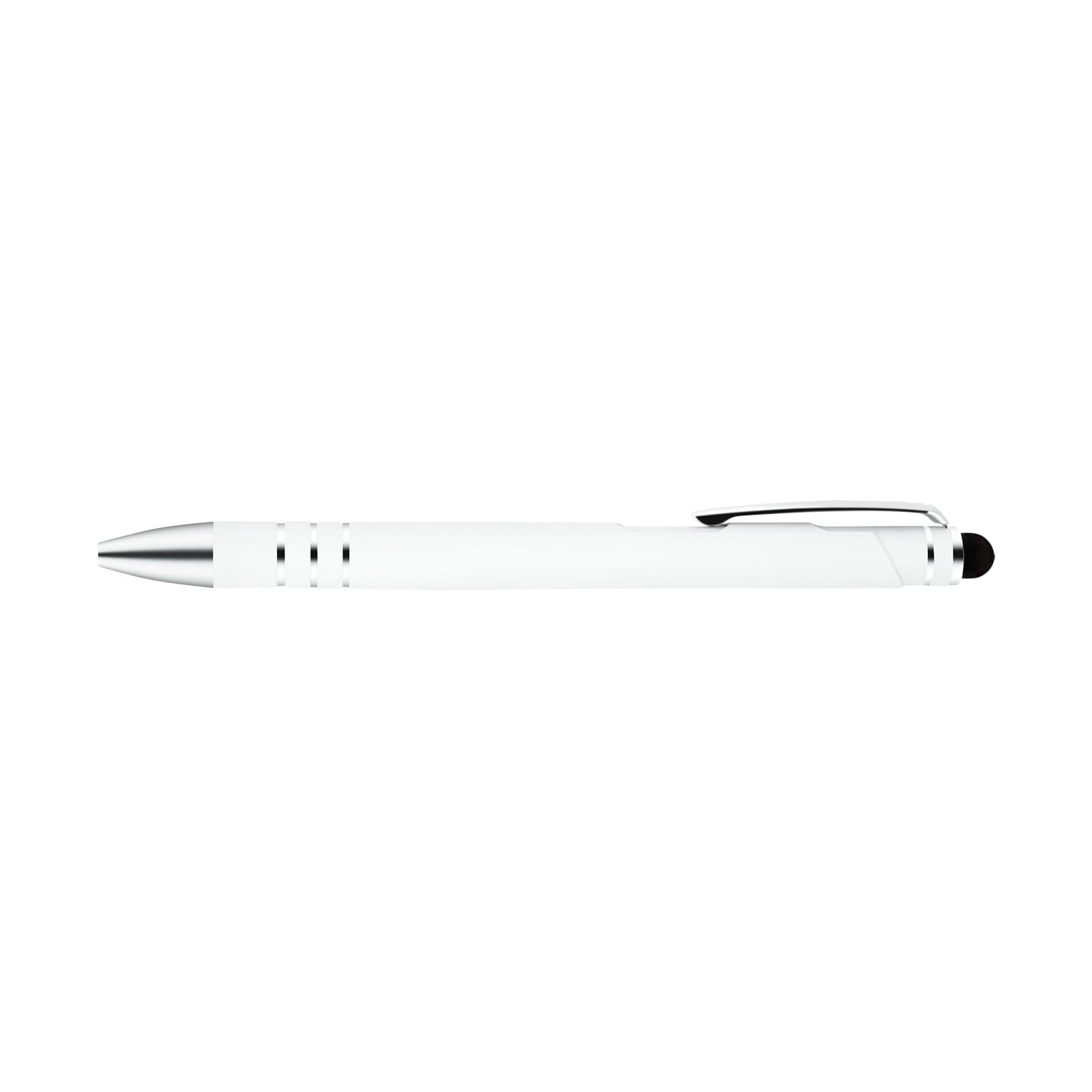 A white stylus pen with silver accents and a built-in touchscreen tip, featuring a clip for easy attachment.