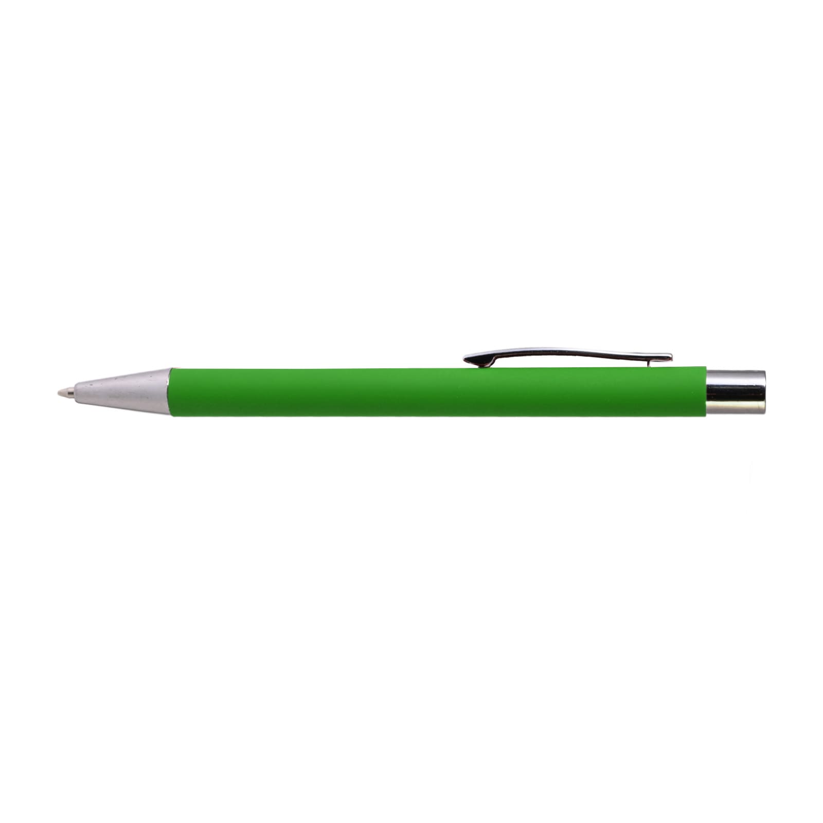 A green aluminium pen with a silver tip and clip, designed for writing.