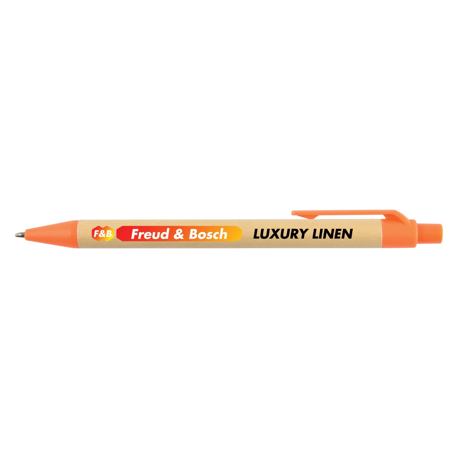 A pen with a wooden barrel labeled 