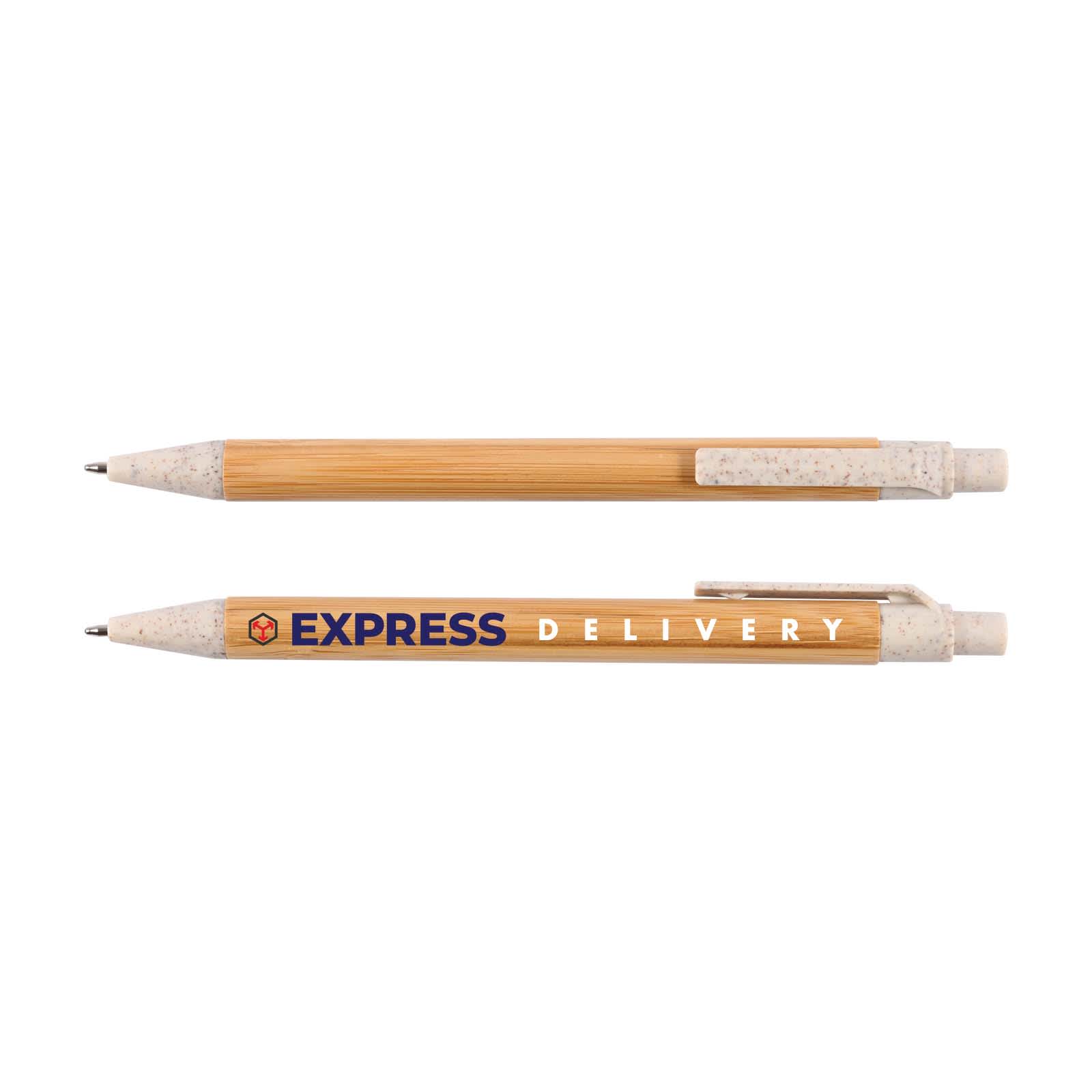 A bamboo pen featuring a natural wooden finish with a light-colored grip, includes a branding logo.