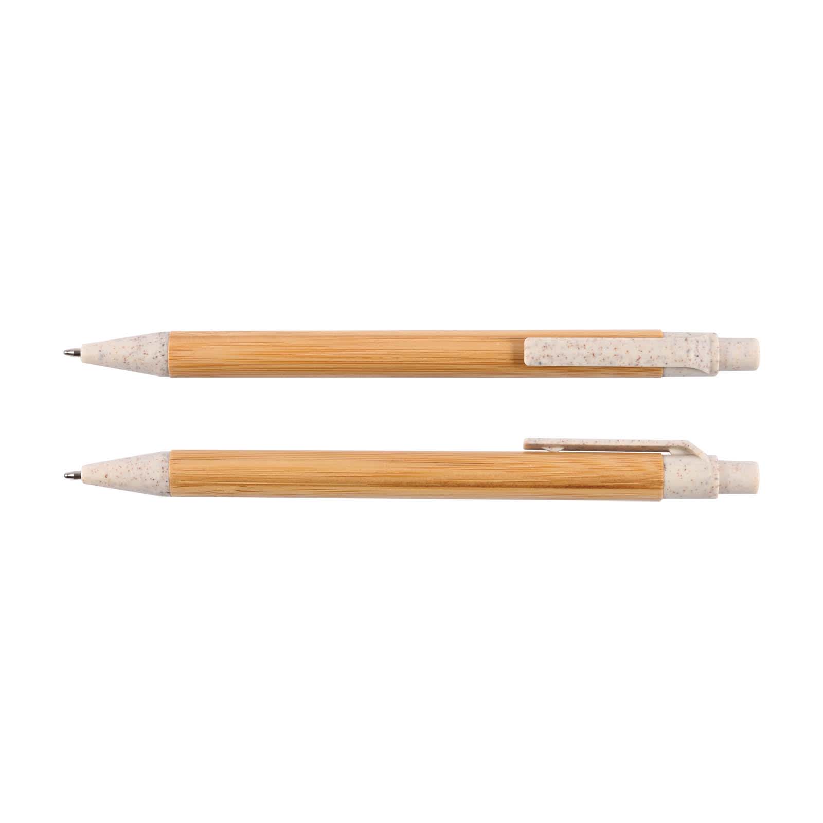 Two bamboo pens with natural bamboo bodies and light-colored plastic grips, featuring a branding logo.