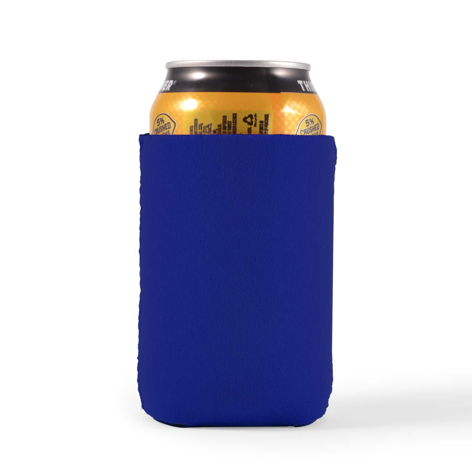 A drink can is wrapped in a blue stubby cooler, designed to keep beverages cold.