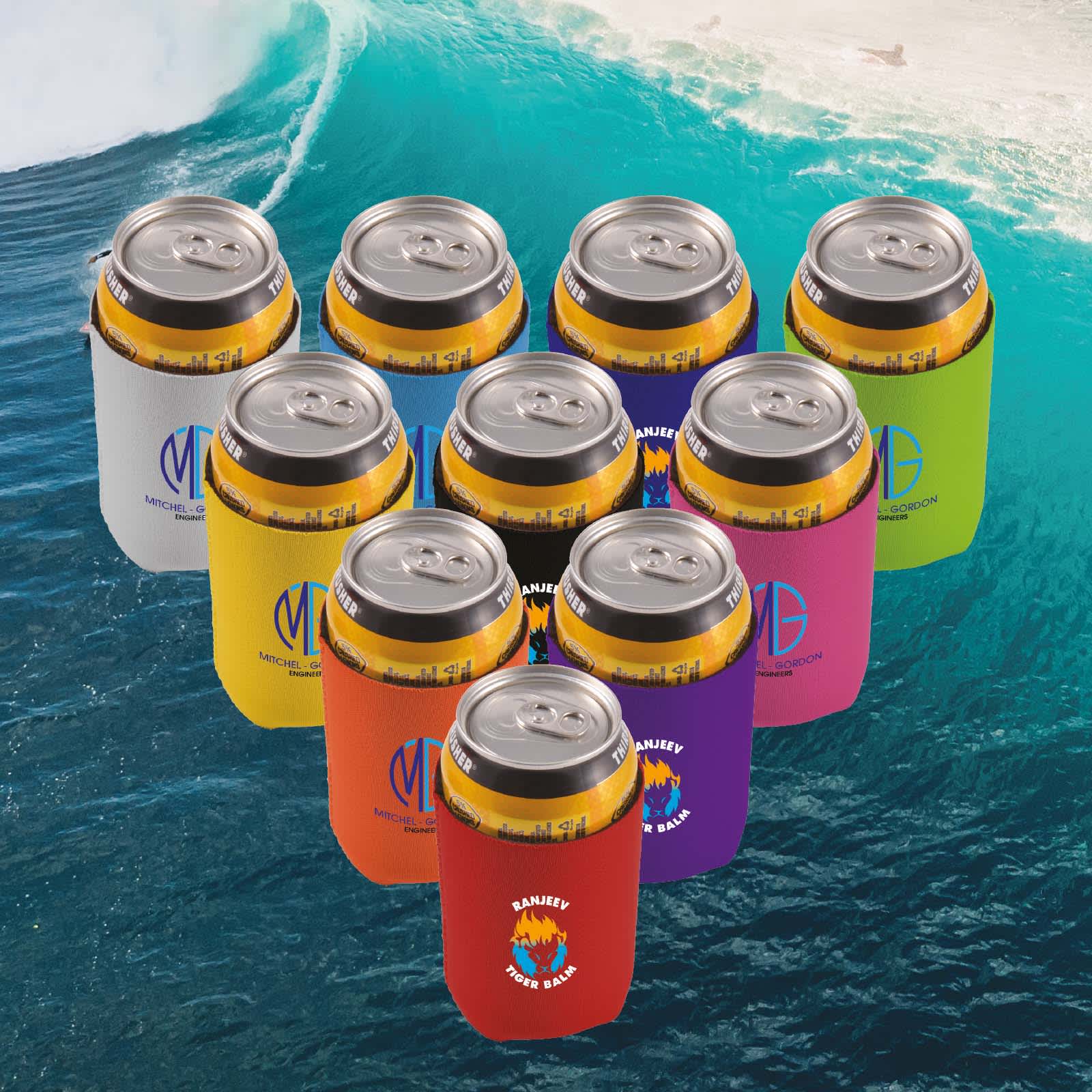 A collection of colorful stubby coolers in yellow, pink, orange, and purple holding cans, arranged in a stack.
