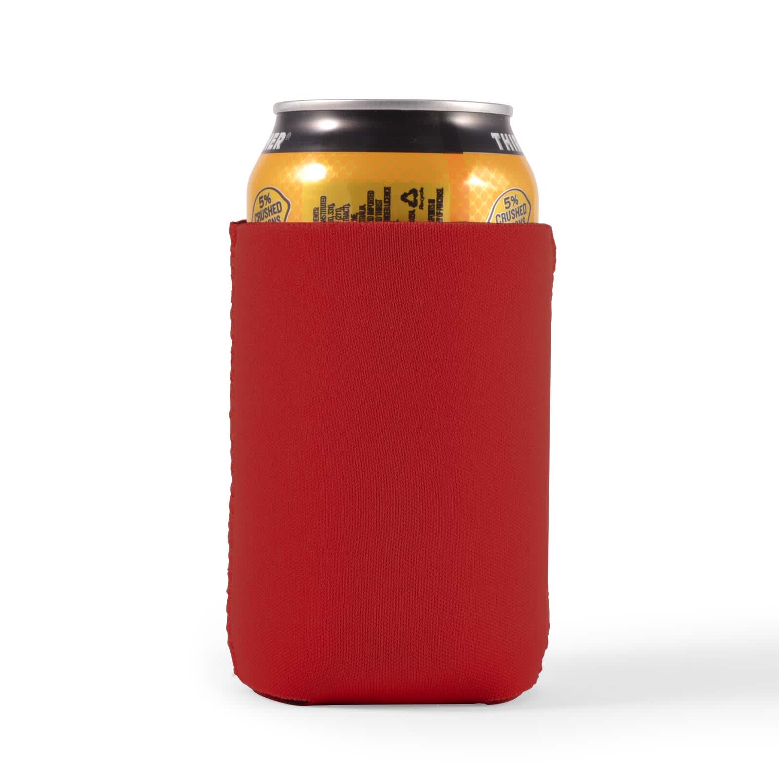 A drink can is snugly fitted inside a vibrant red stubby cooler, designed to keep beverages cold.