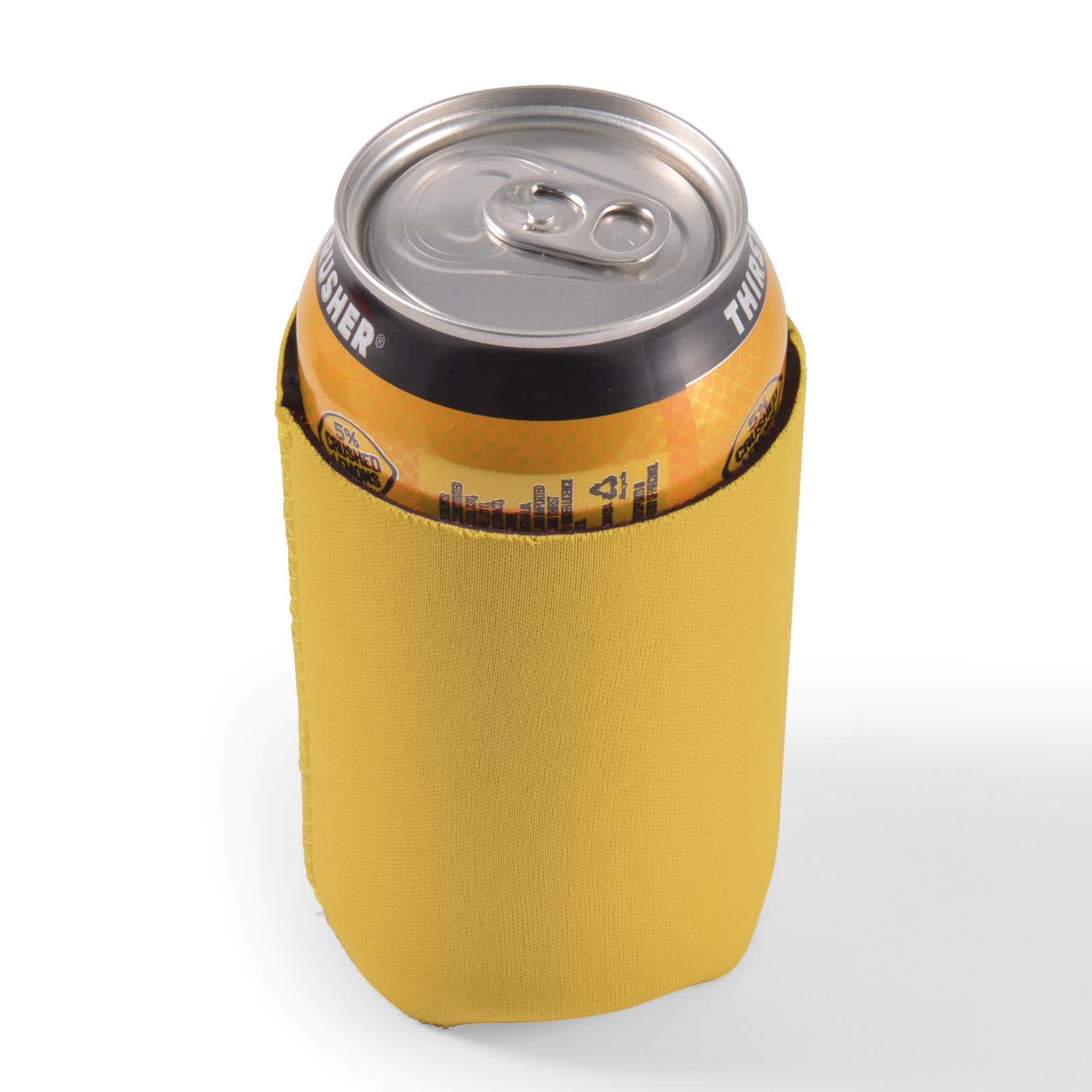 A drink bottle is wrapped in a bright yellow stubby cooler, designed to keep beverages cold and provide grip.