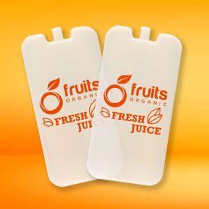 Two transparent cooler bricks with an organic fruits logo in orange and white against an orange background.
