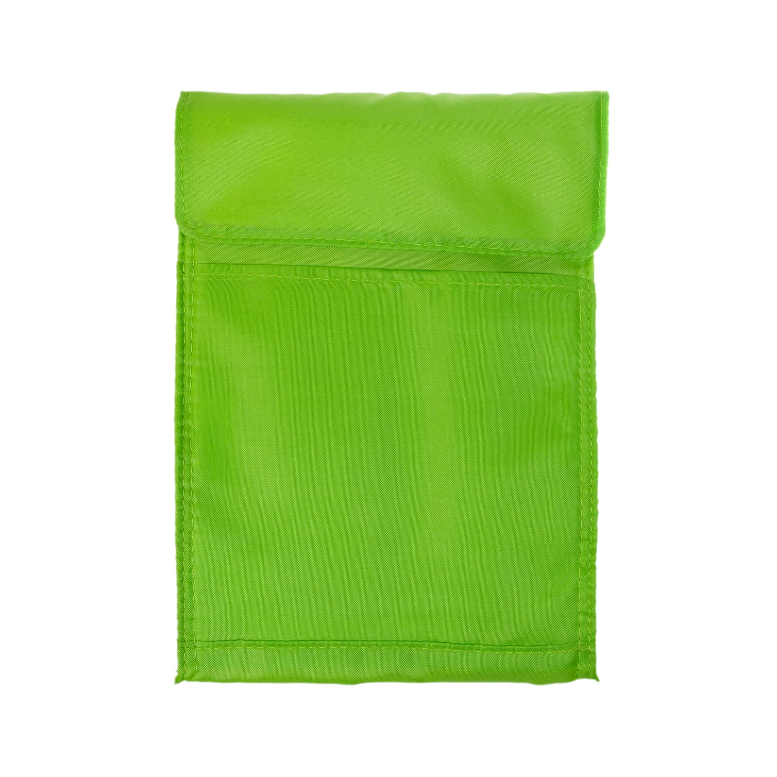 A bright green cooler lunch bag with a flap closure and a single pocket on the front. It features a logo.