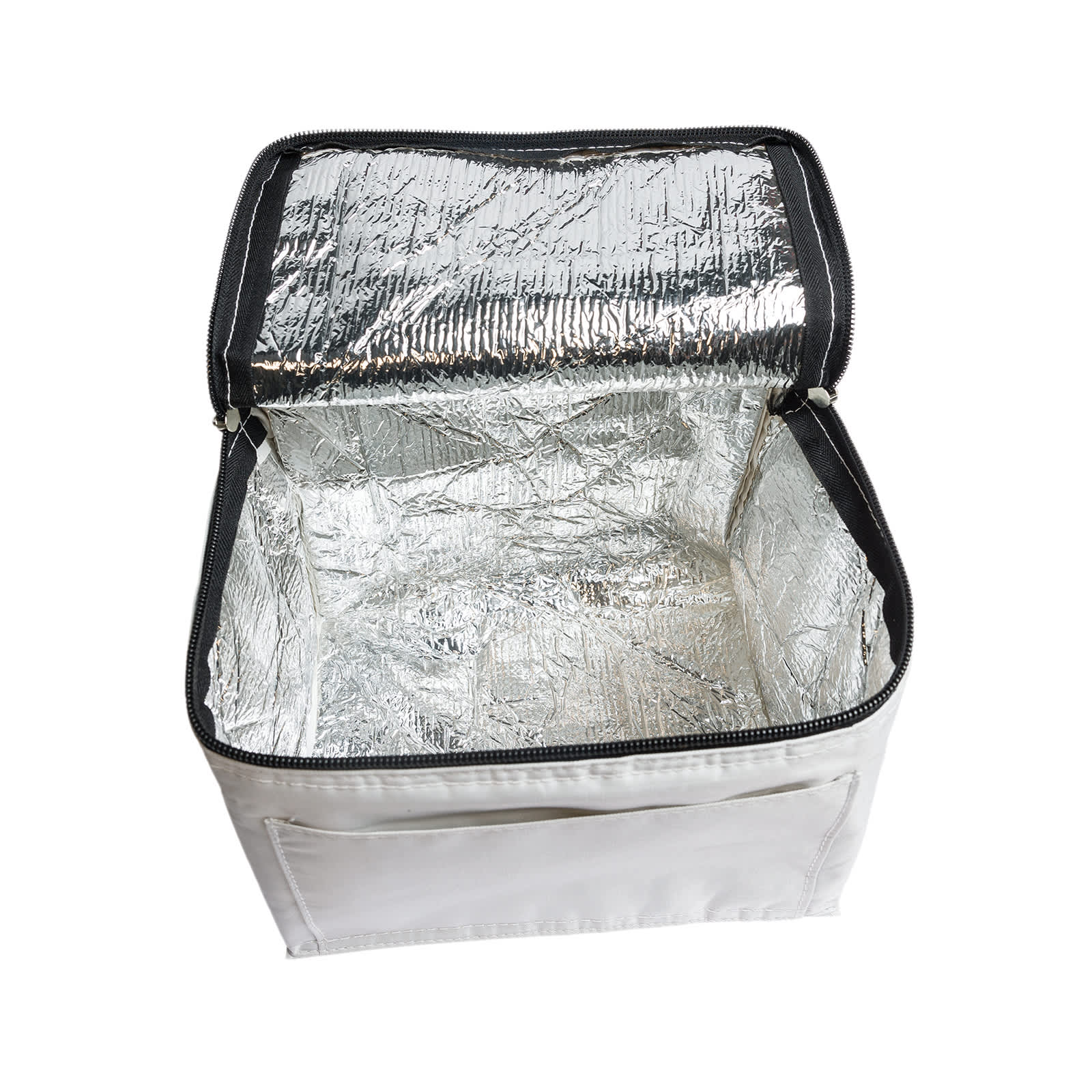 A white cooler bag features a zippered closure and wooden utensils peeking from a front pocket. It has a logo.
