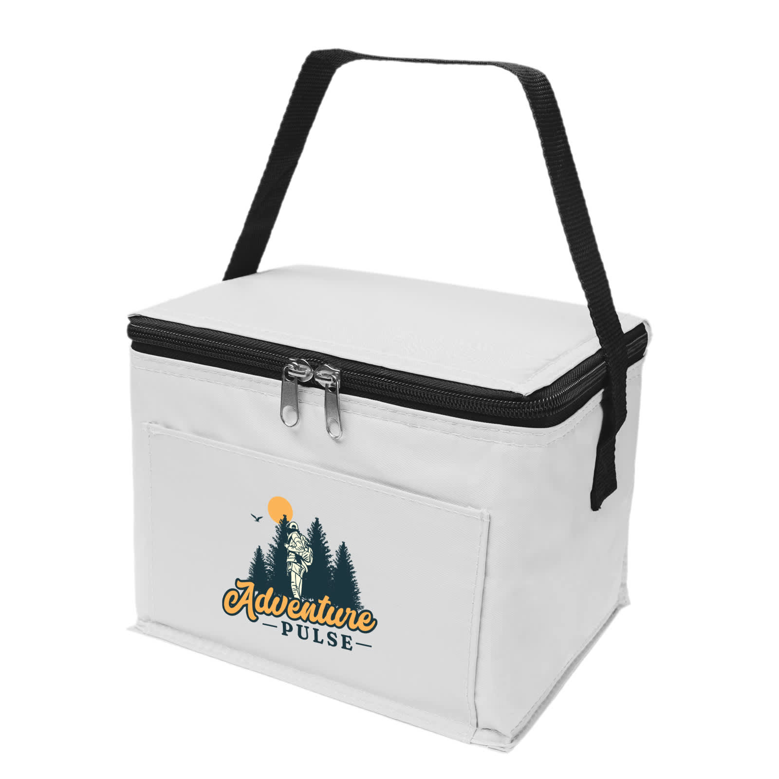 A black cooler bag with a silver insulated interior, holding several colorful drink cans, and a purple can outside.