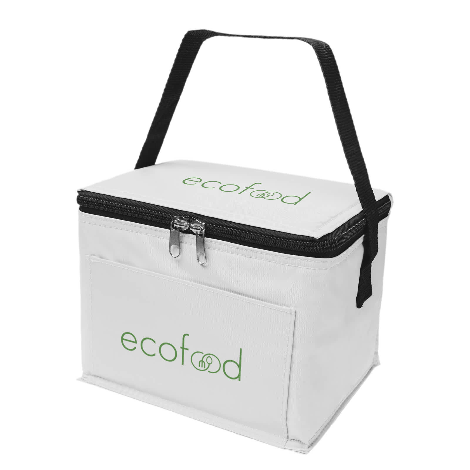 A white cooler bag with a zip closure and a black handle, featuring a logo on the front.