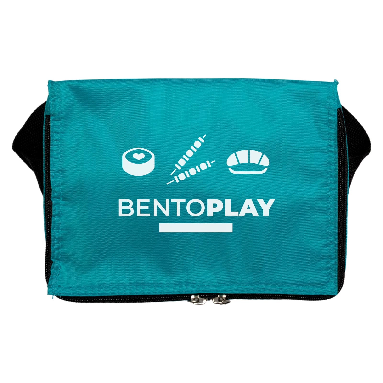 A cooler bag in black surrounded by three people enjoying food and drinks, with croissants, grapes, and watermelon on a picnic blanket.