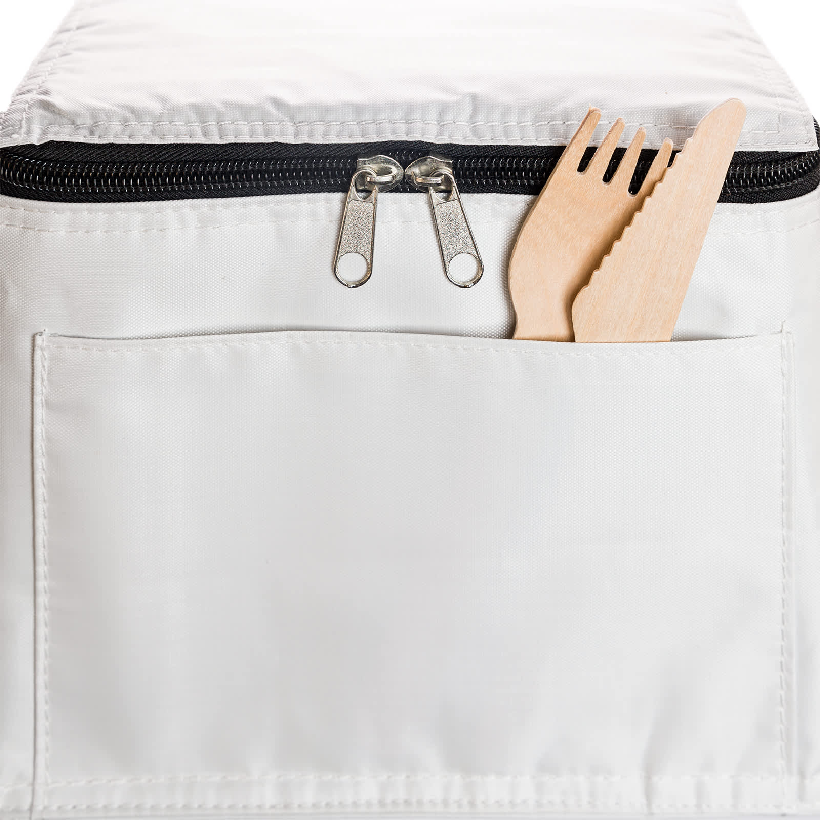 A white cooler bag with a black handle, featuring a logo on the front and a zippered closure.