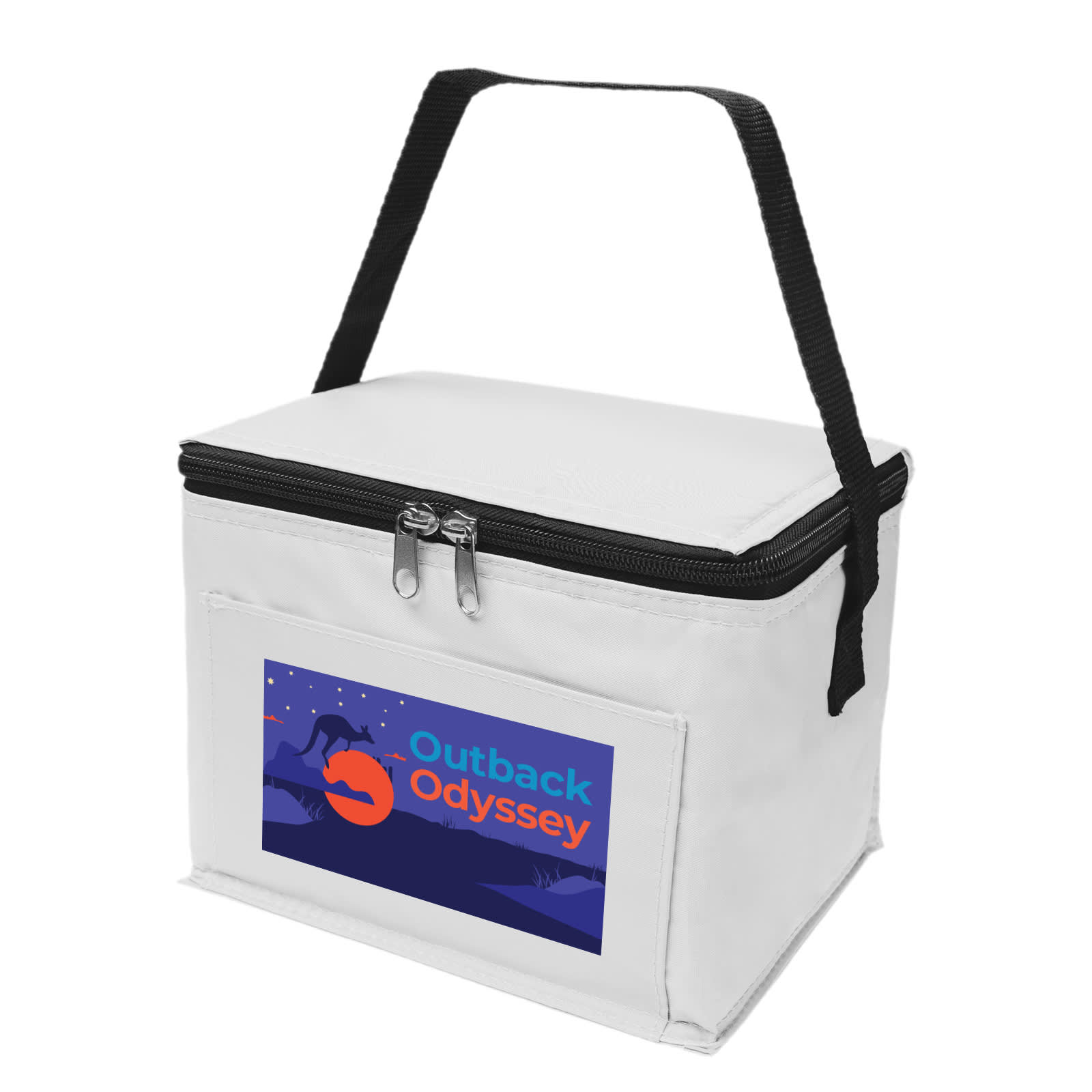A white cooler bag with a zippered top and a black handle, featuring a logo.