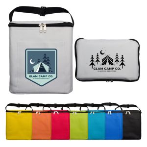 A range of cooler bags in white, yellow, orange, red, green, blue, and black, each with a front pocket and a zipper.