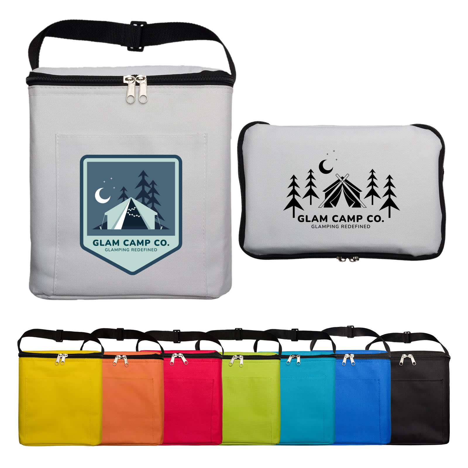 A range of cooler bags in white, yellow, orange, red, green, blue, and black, each with a front pocket and a zipper.